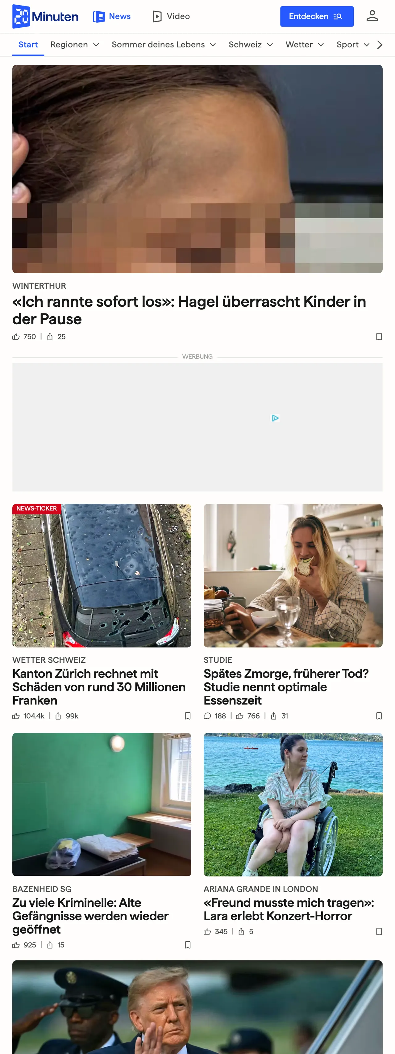 Screenshot of the 20 Minuten front page