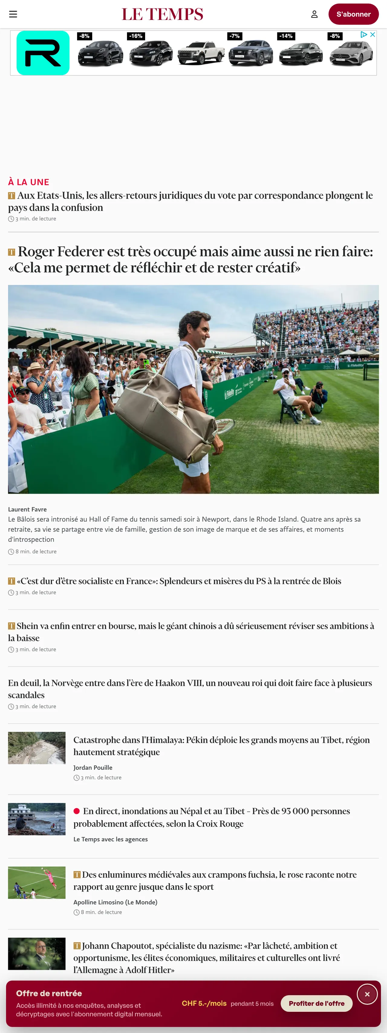 Screenshot of the Le Temps front page