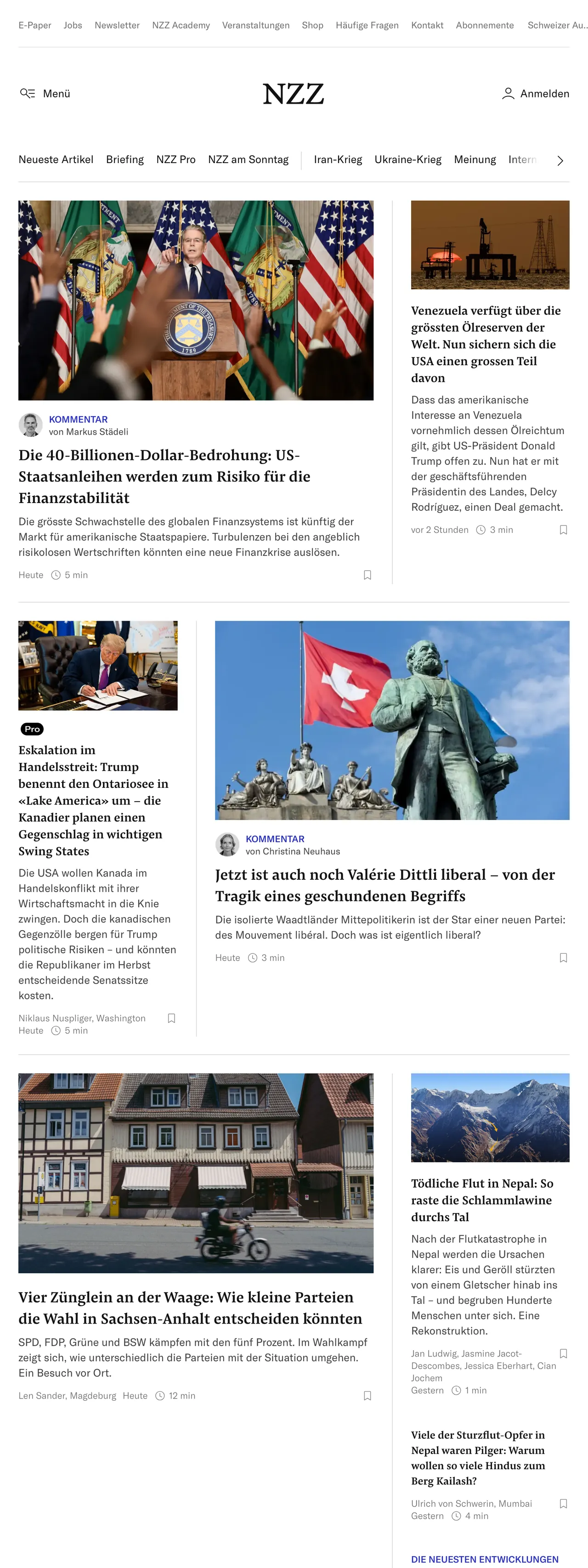 Screenshot of the Neue Zürcher Zeitung front page