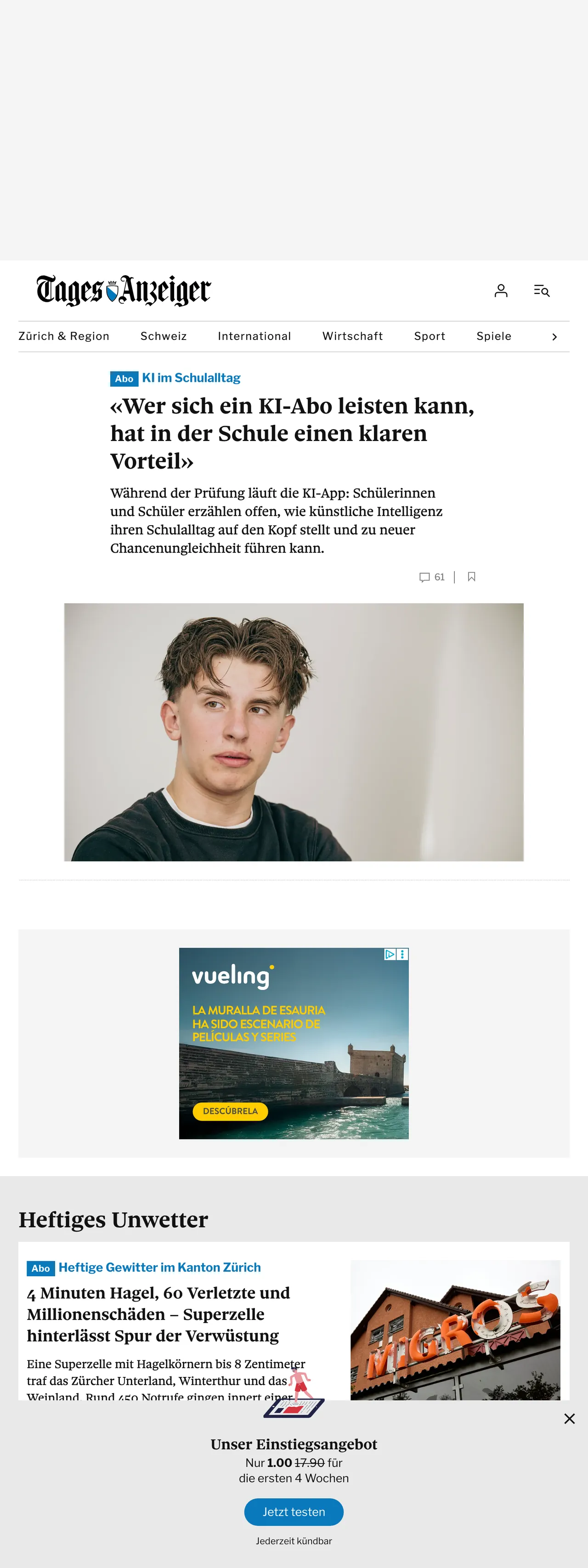 Screenshot of the Tages-Anzeiger front page