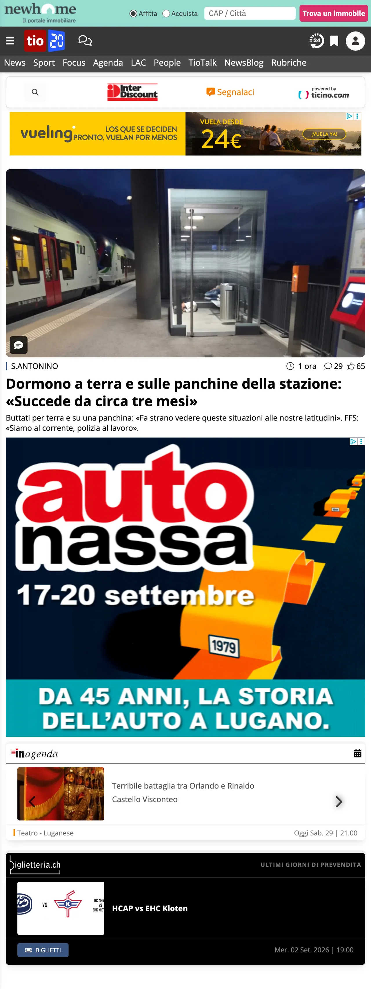 Screenshot of the Ticinonline front page
