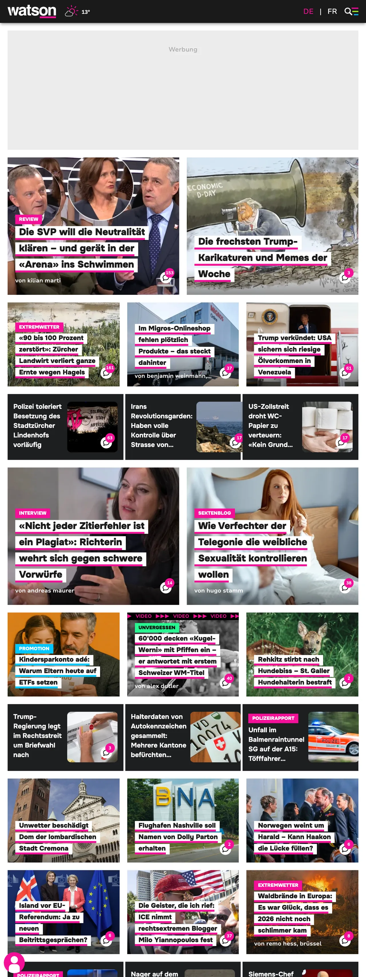 Screenshot of the watson front page