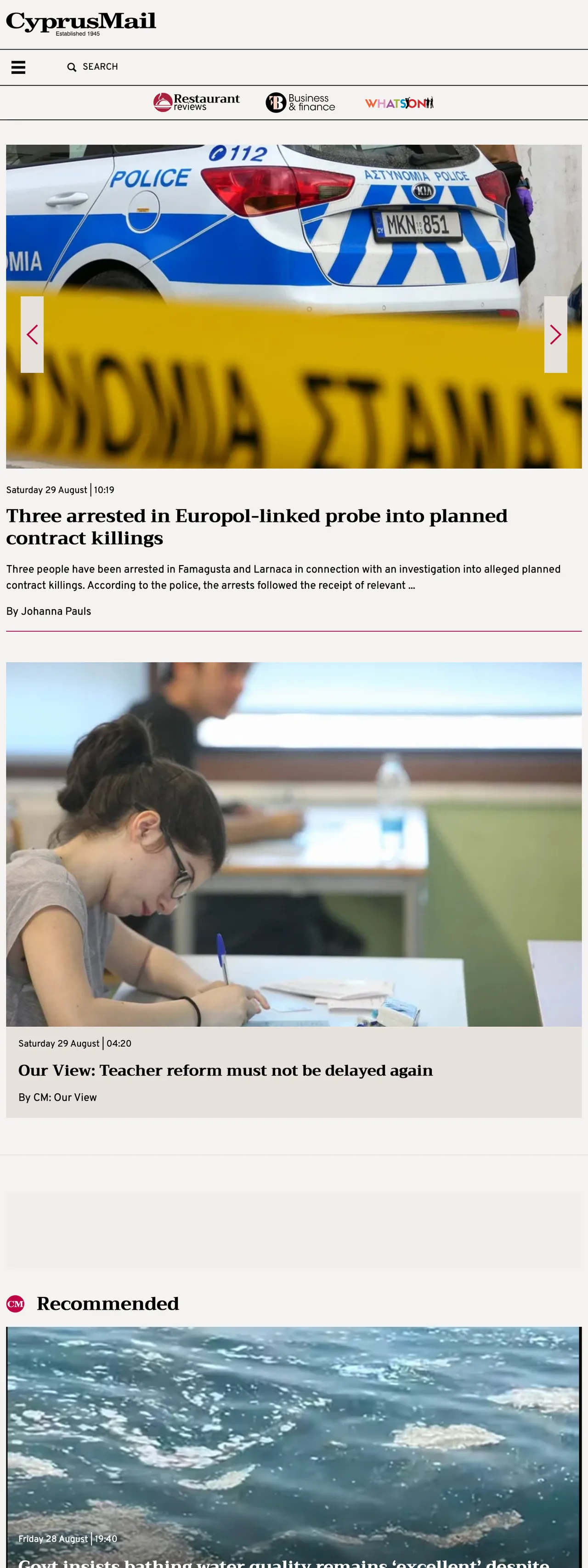 Screenshot of the Cyprus Mail front page