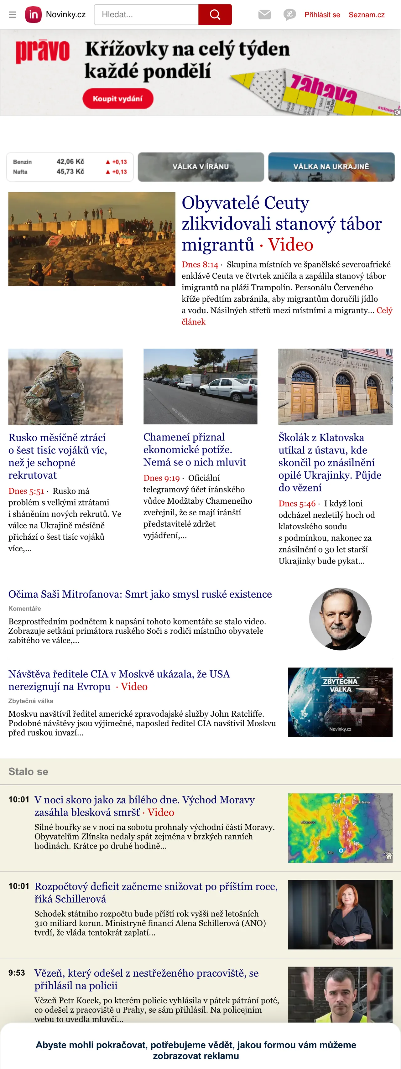 Screenshot of the Novinky.cz front page