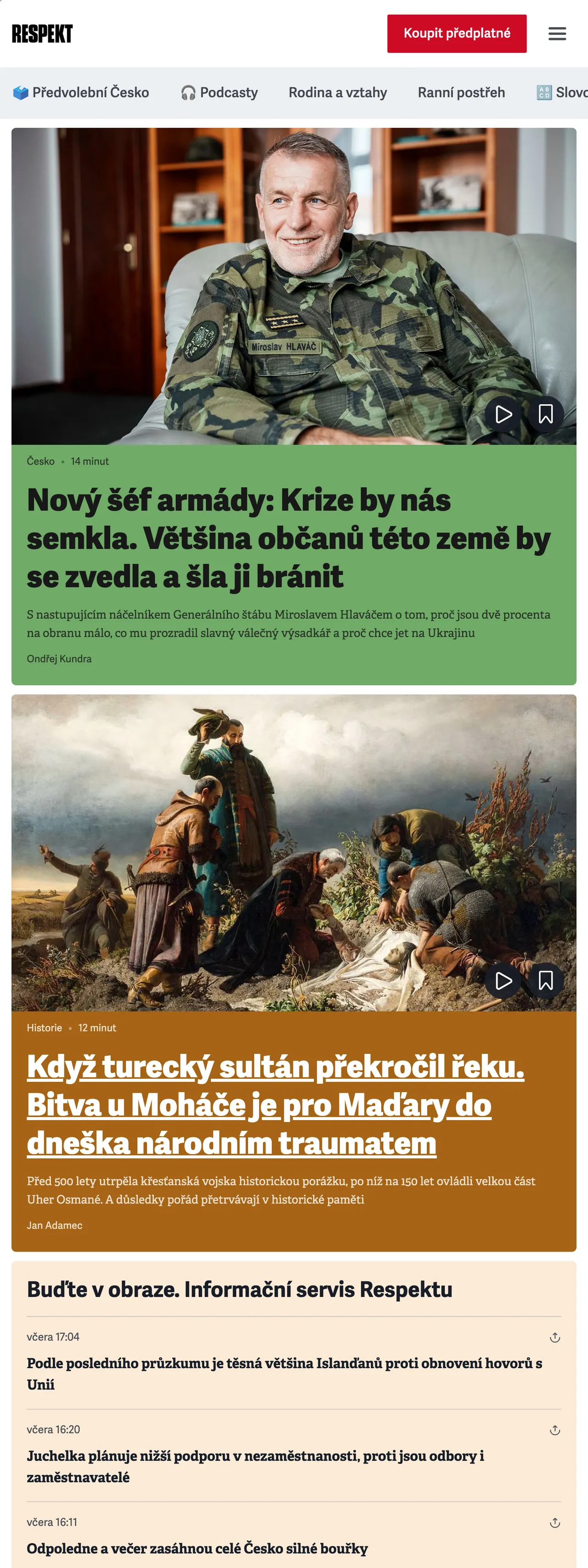 Screenshot of the Respekt front page