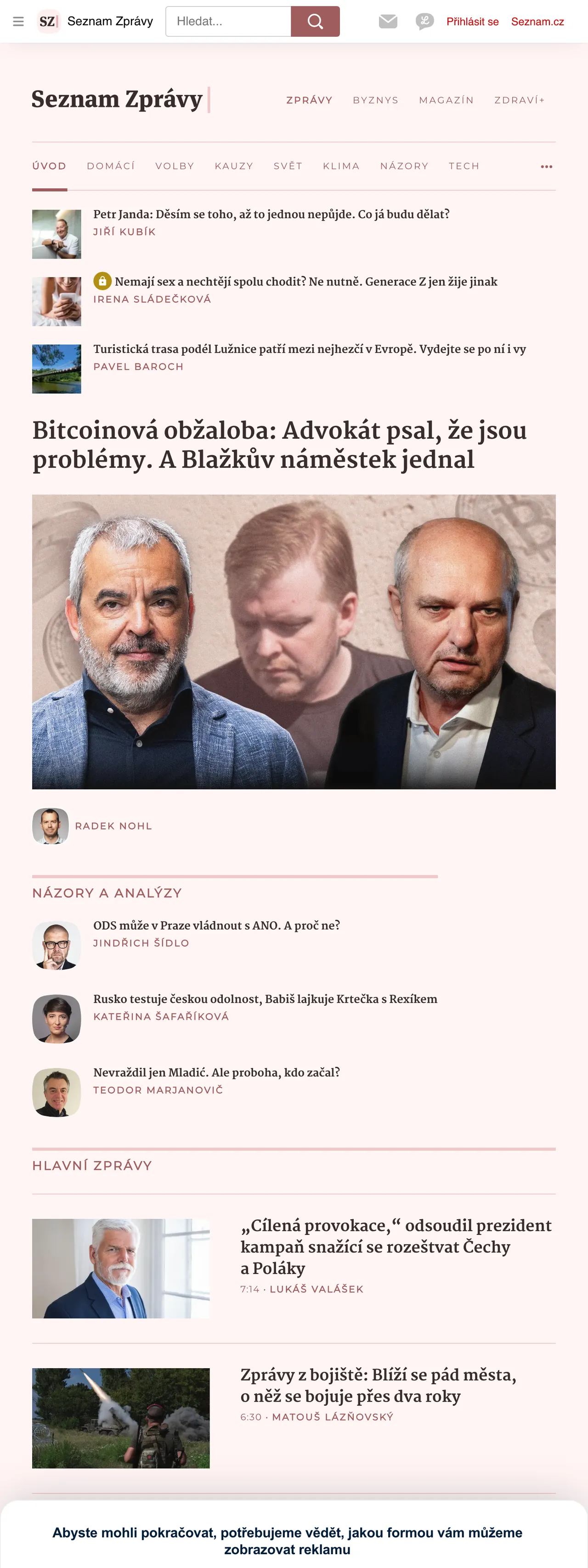 Screenshot of the Seznam Zprávy front page
