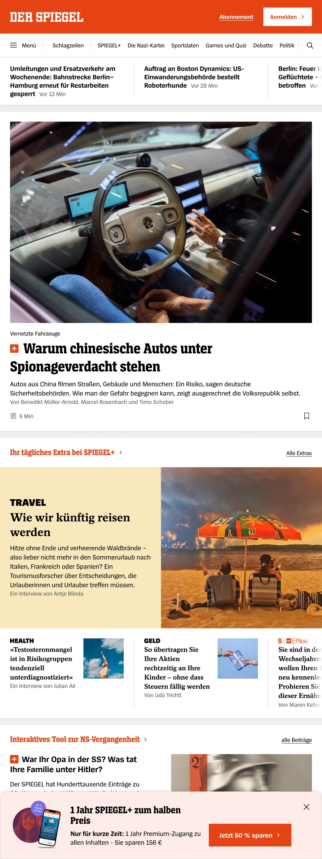 Screenshot of the DER SPIEGEL front page