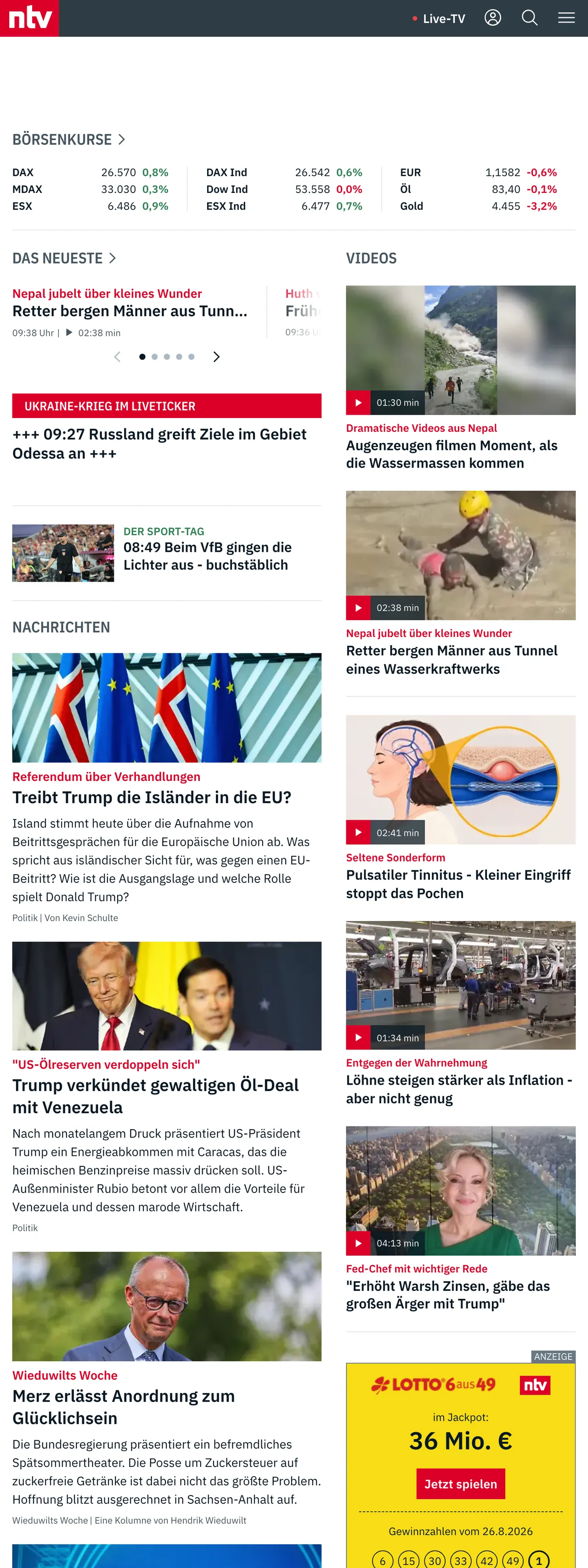 Screenshot of the n-tv front page