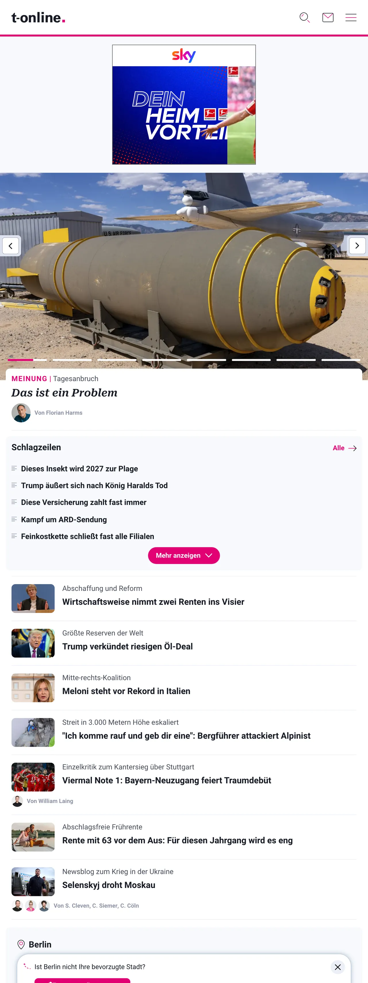 Screenshot of the t-online front page