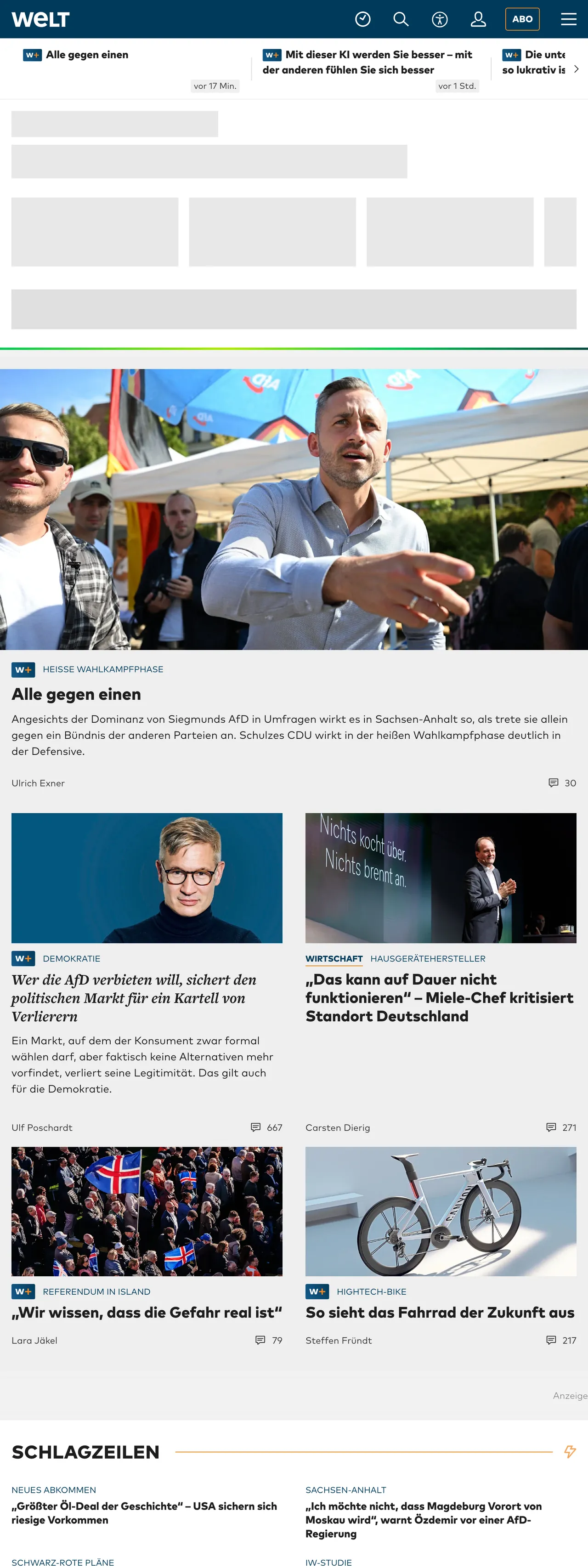 Screenshot of the WELT front page