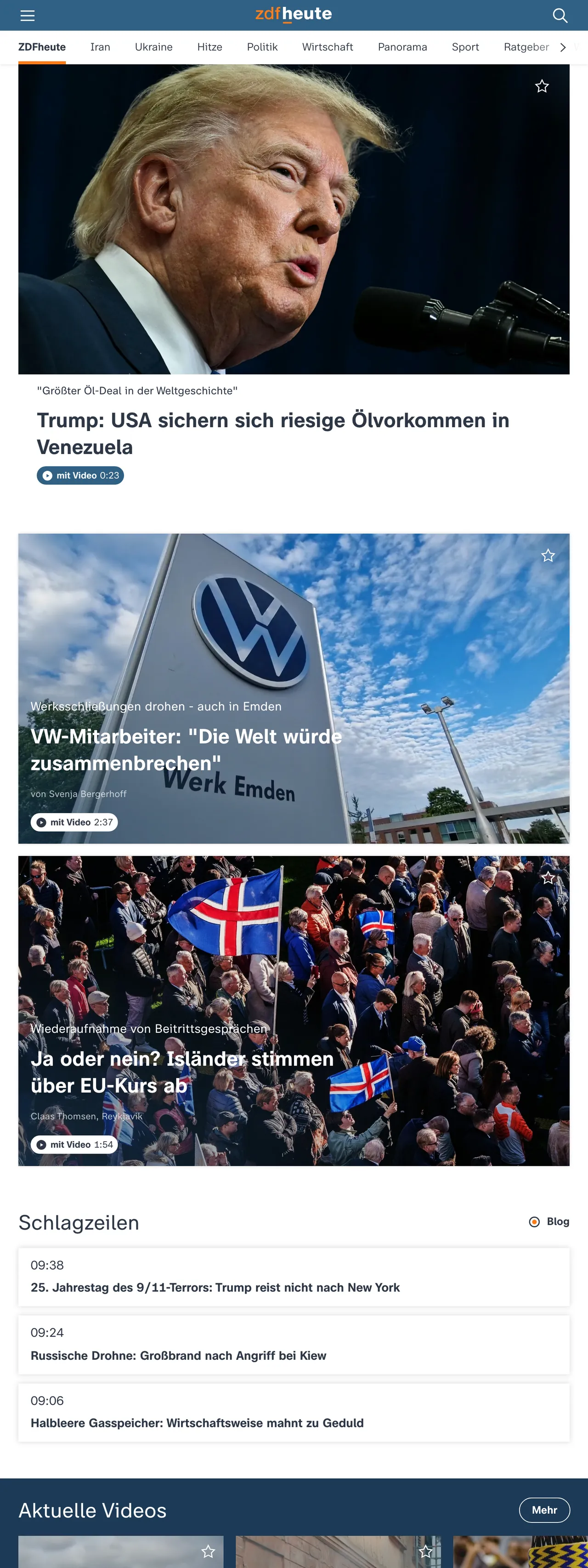 Screenshot of the ZDFheute front page