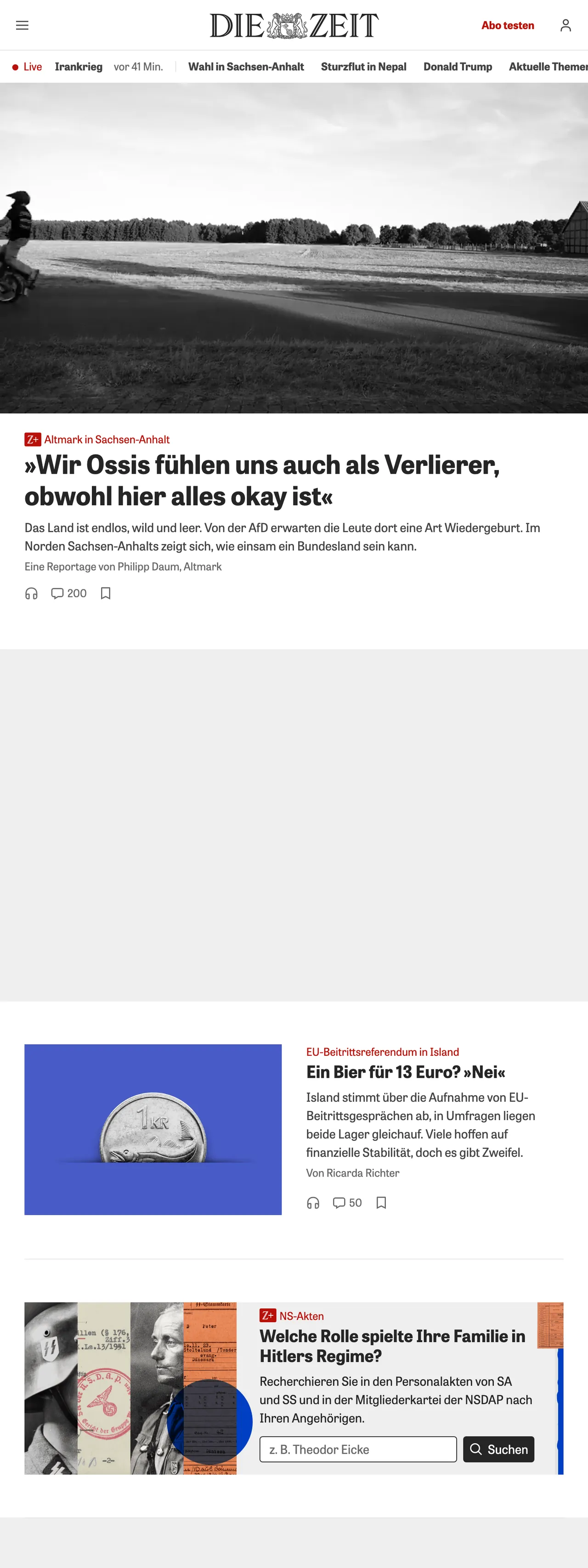 Screenshot of the ZEIT ONLINE front page