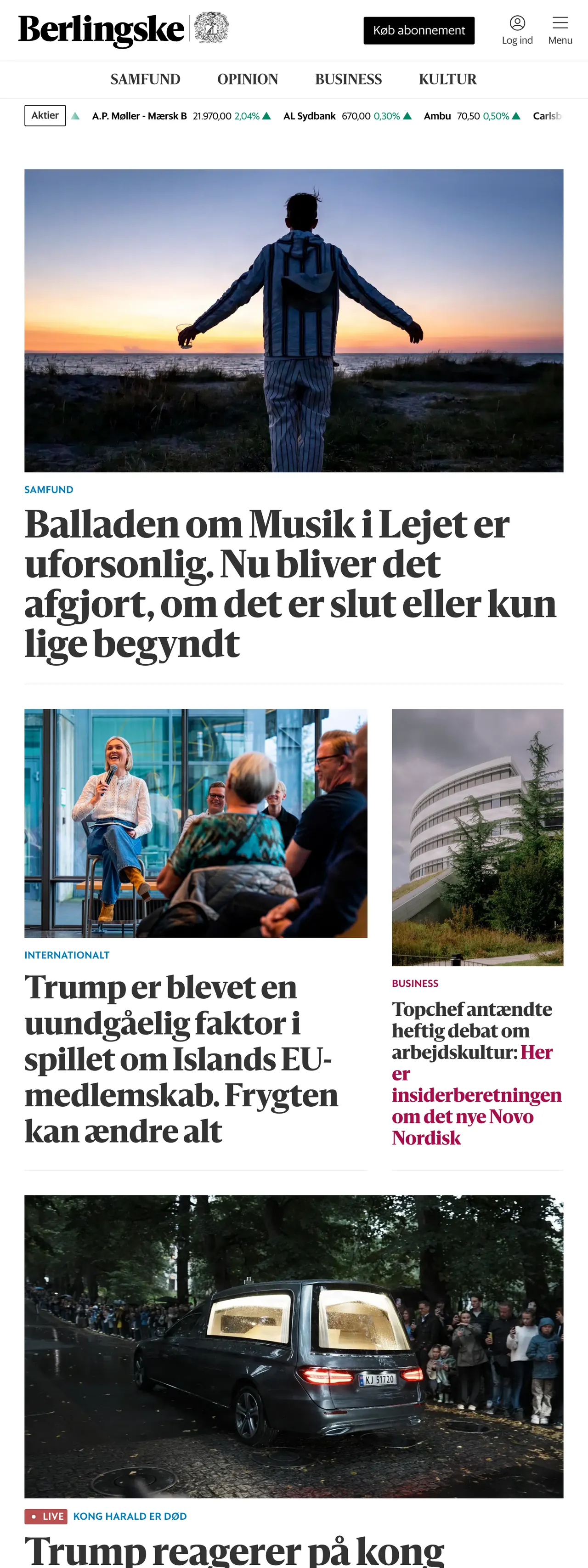 Screenshot of the Berlingske front page