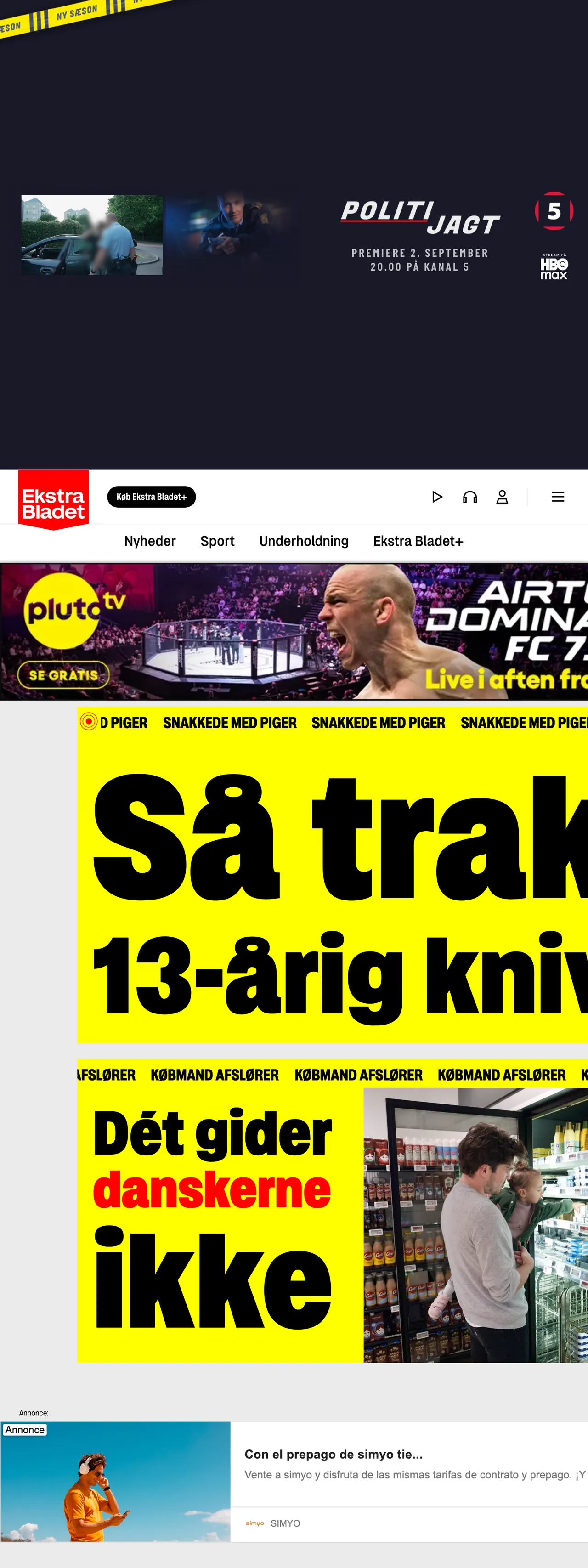 Screenshot of the Ekstra Bladet front page