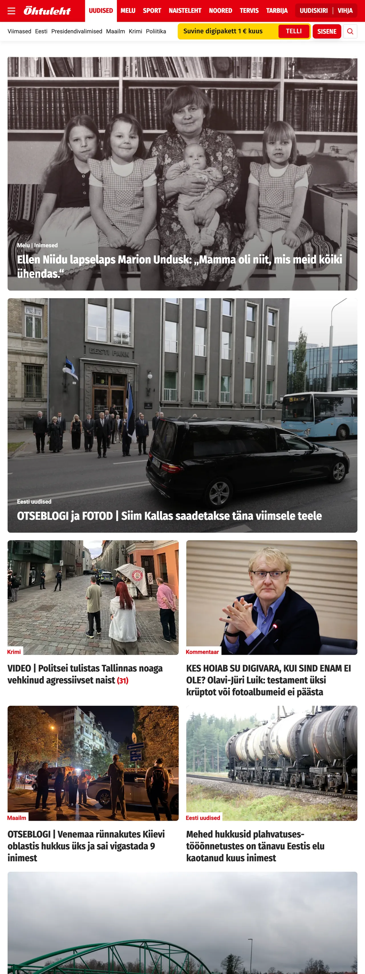 Screenshot of the Õhtuleht front page