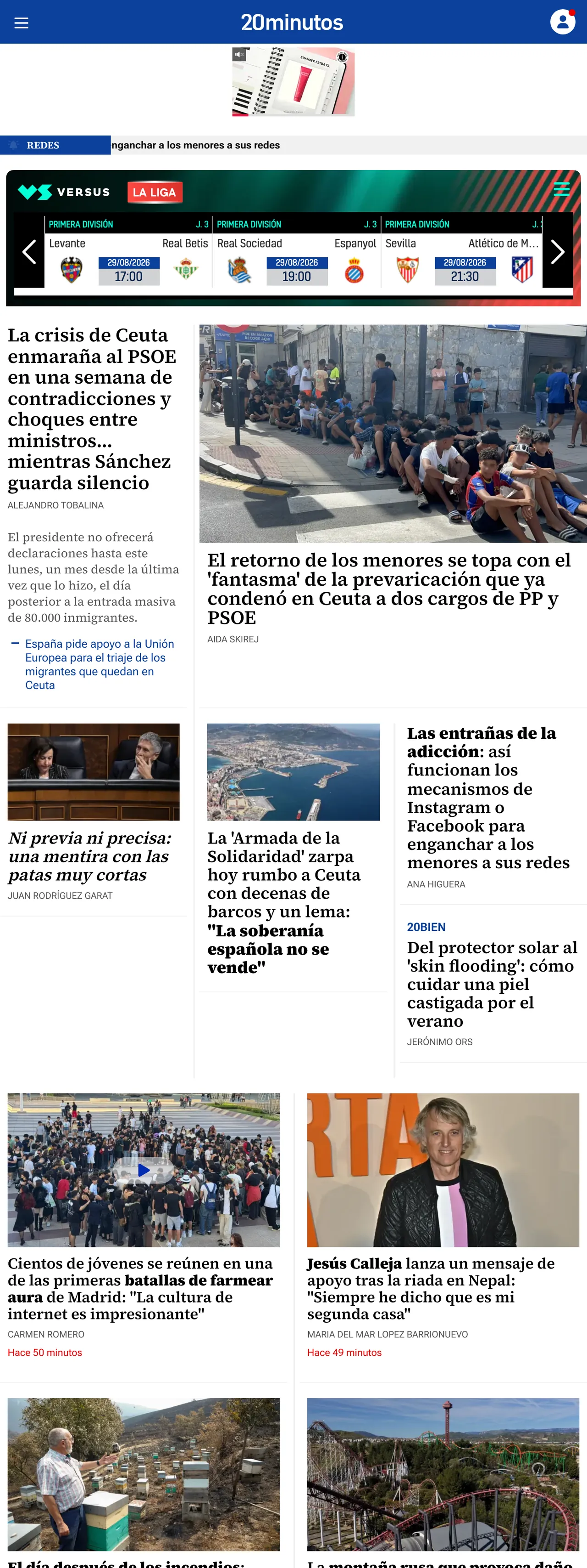 Screenshot of the 20minutos front page