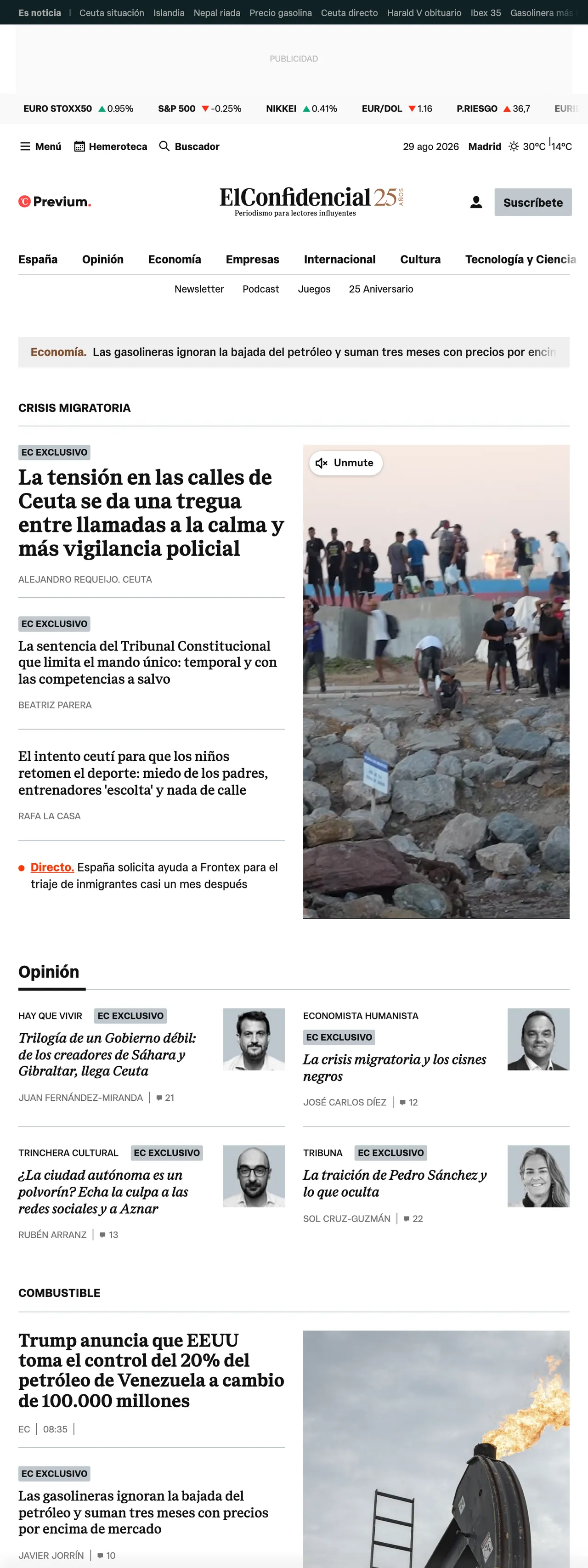 Screenshot of the El Confidencial front page