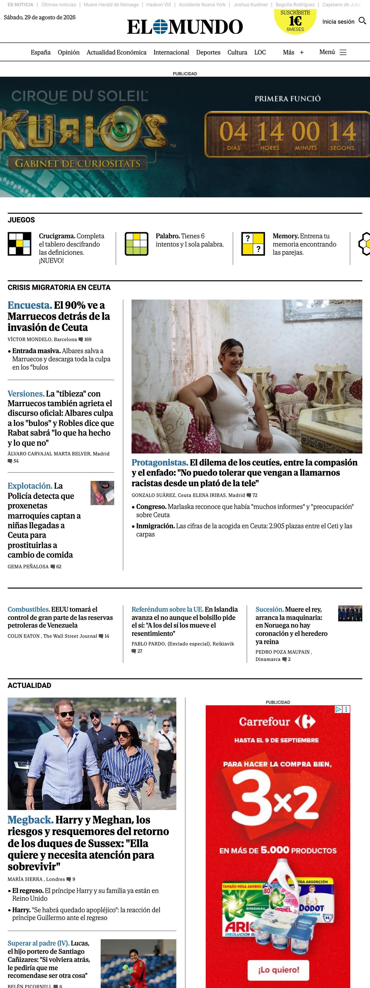 Screenshot of the El Mundo front page