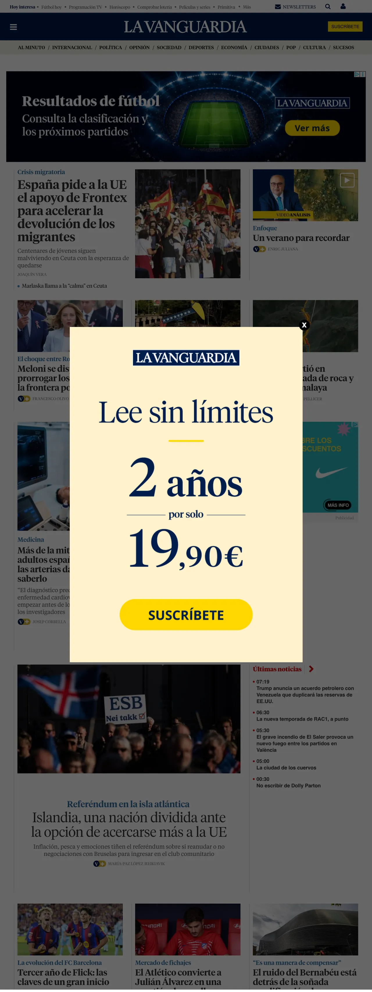 Screenshot of the La Vanguardia front page