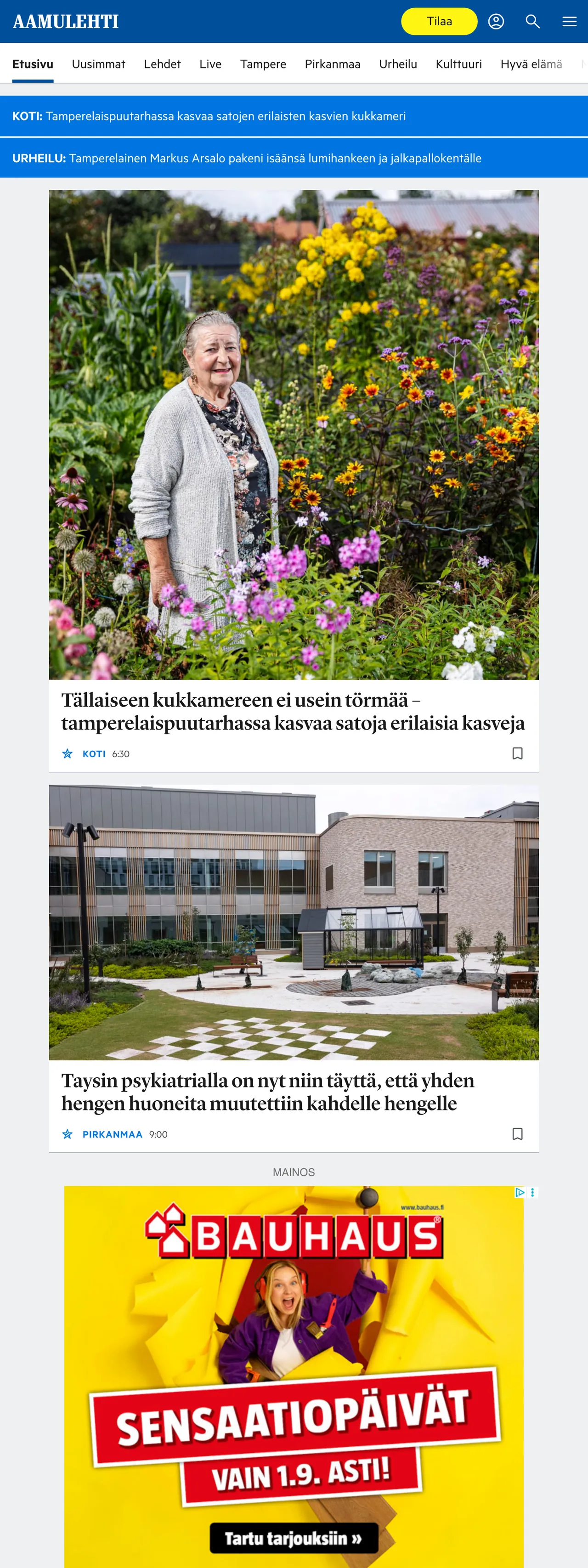 Screenshot of the Aamulehti front page