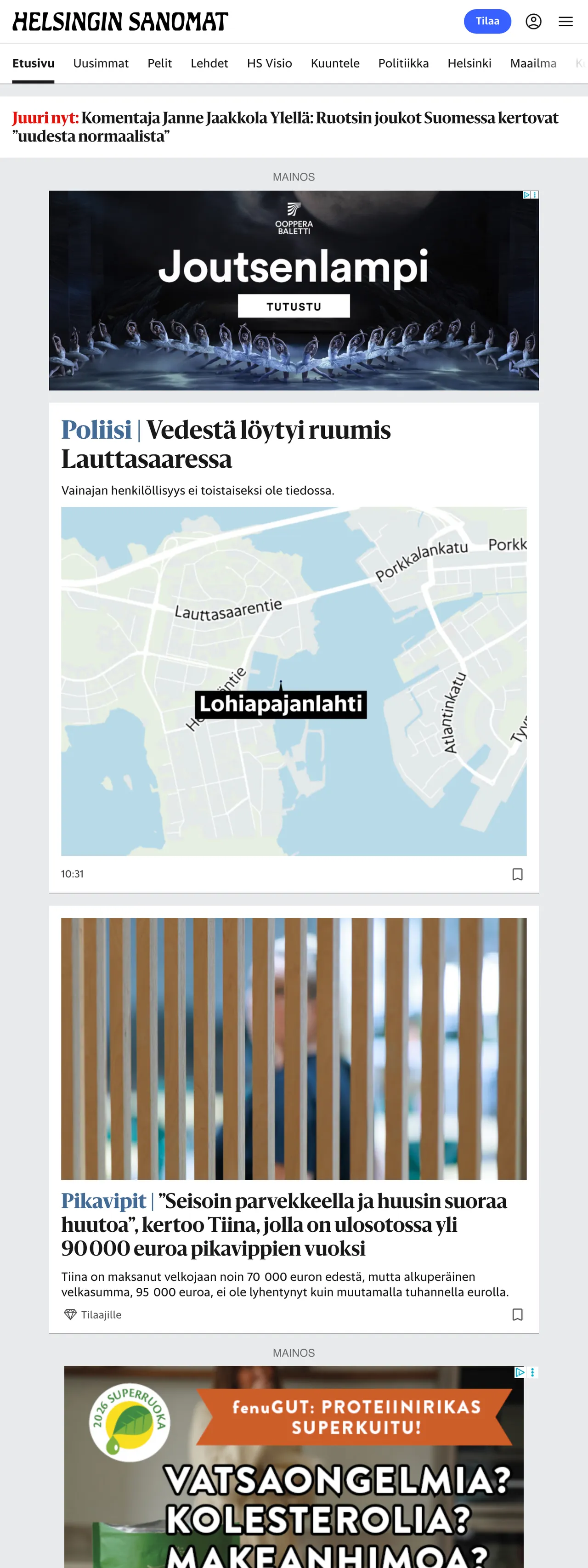 Screenshot of the Helsingin Sanomat front page