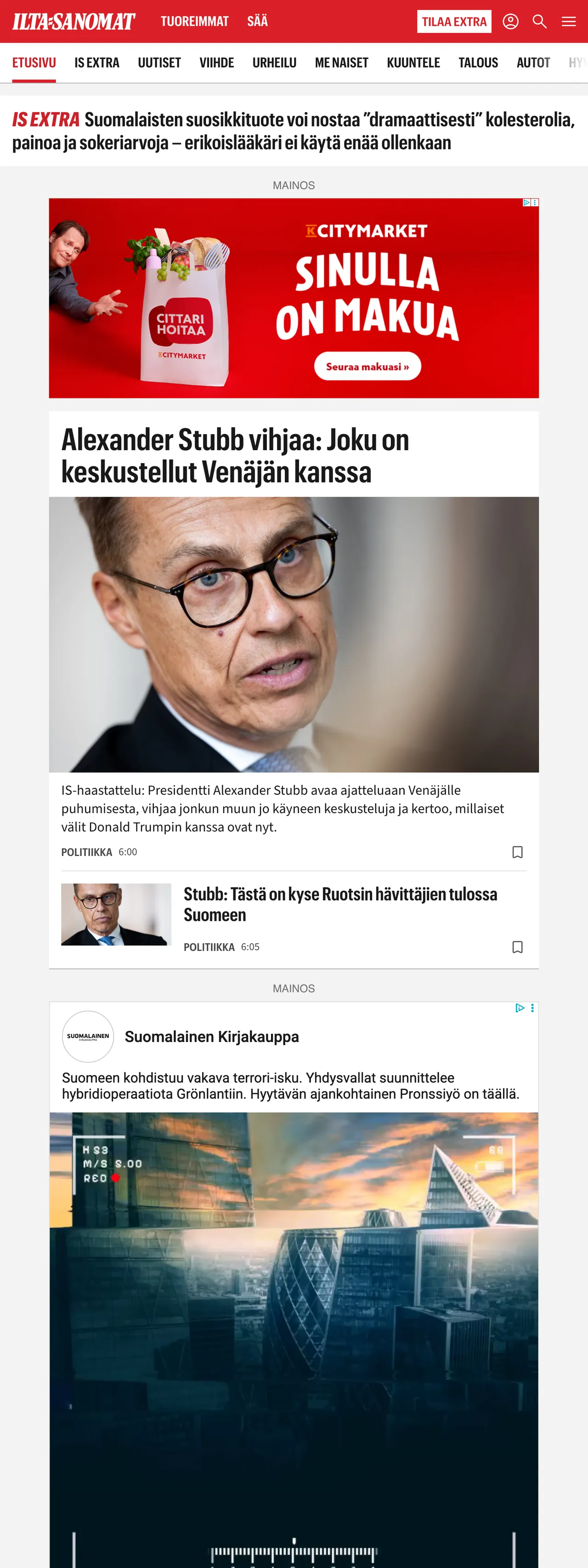 Screenshot of the Ilta-Sanomat front page