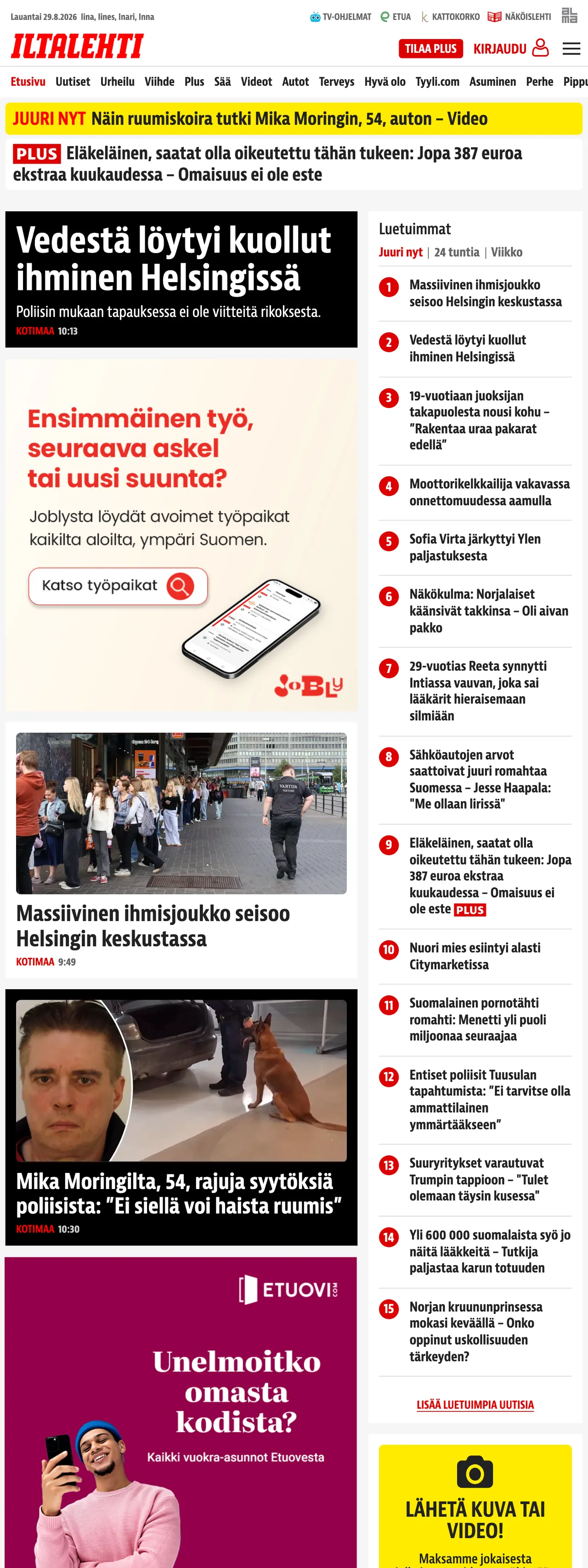 Screenshot of the Iltalehti front page
