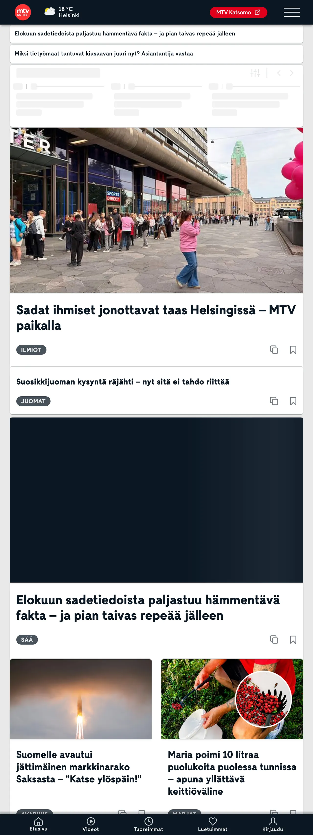 Screenshot of the MTV Uutiset front page