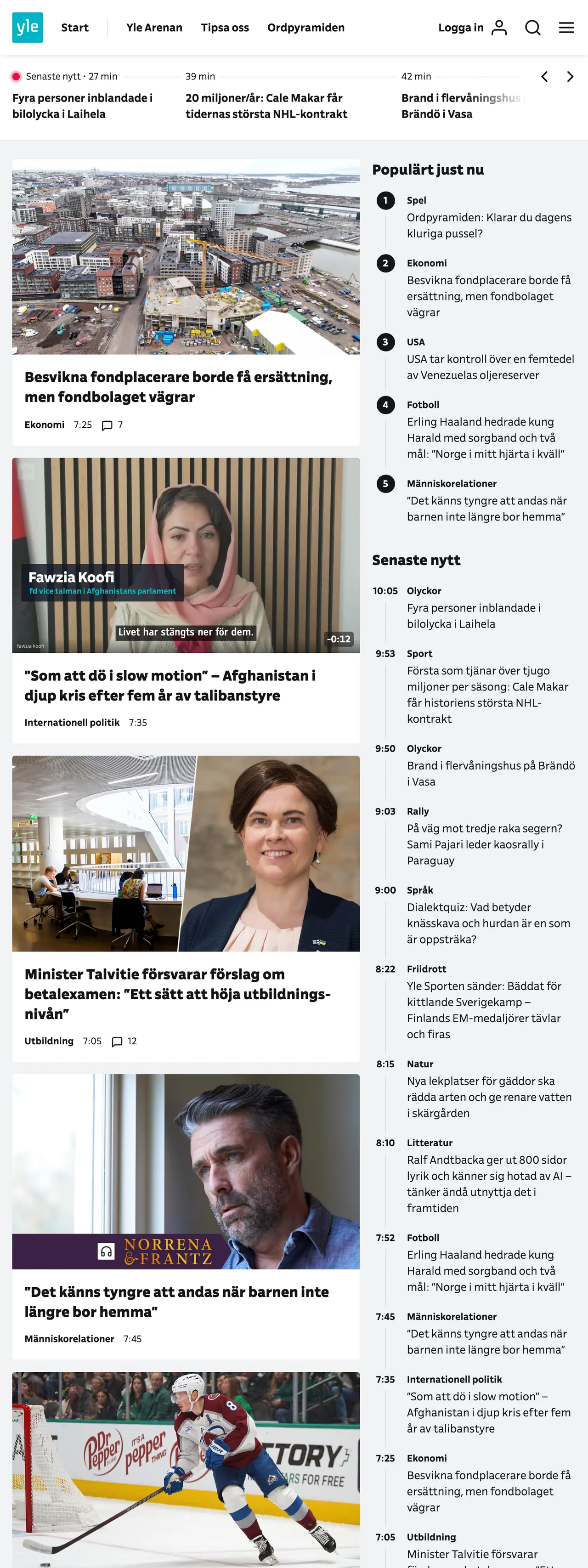 Screenshot of the Svenska Yle front page