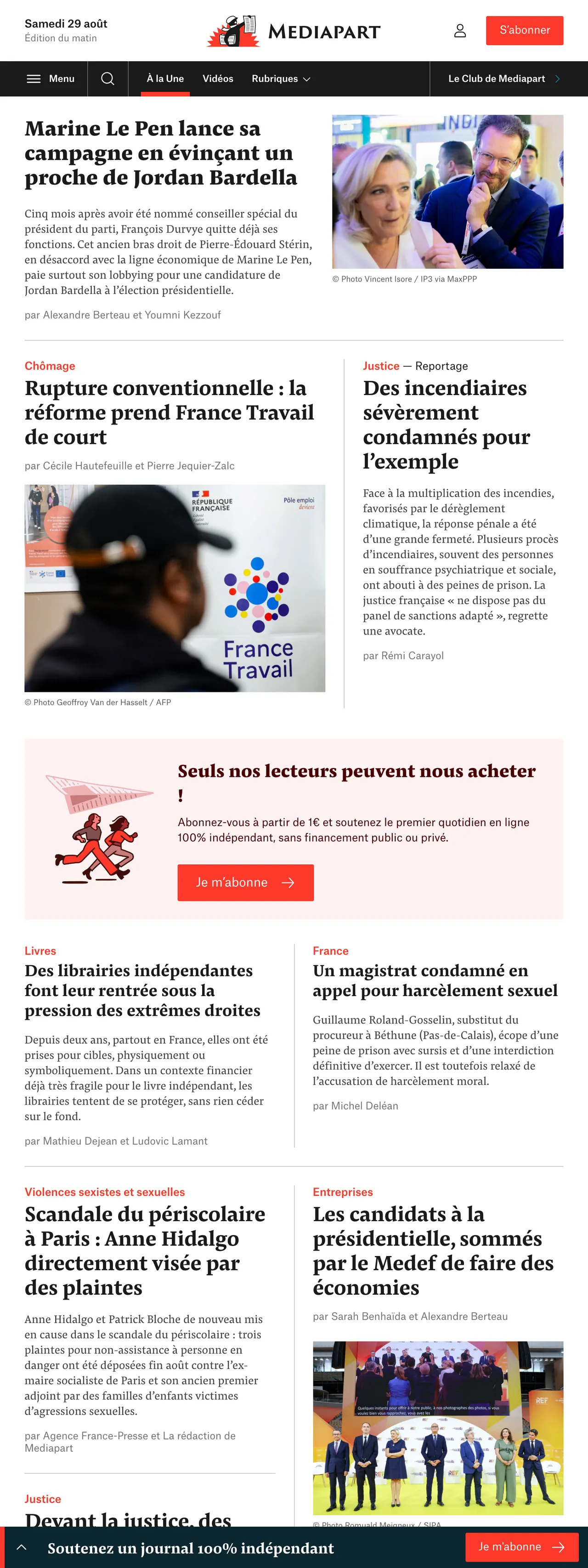 Screenshot of the Mediapart front page