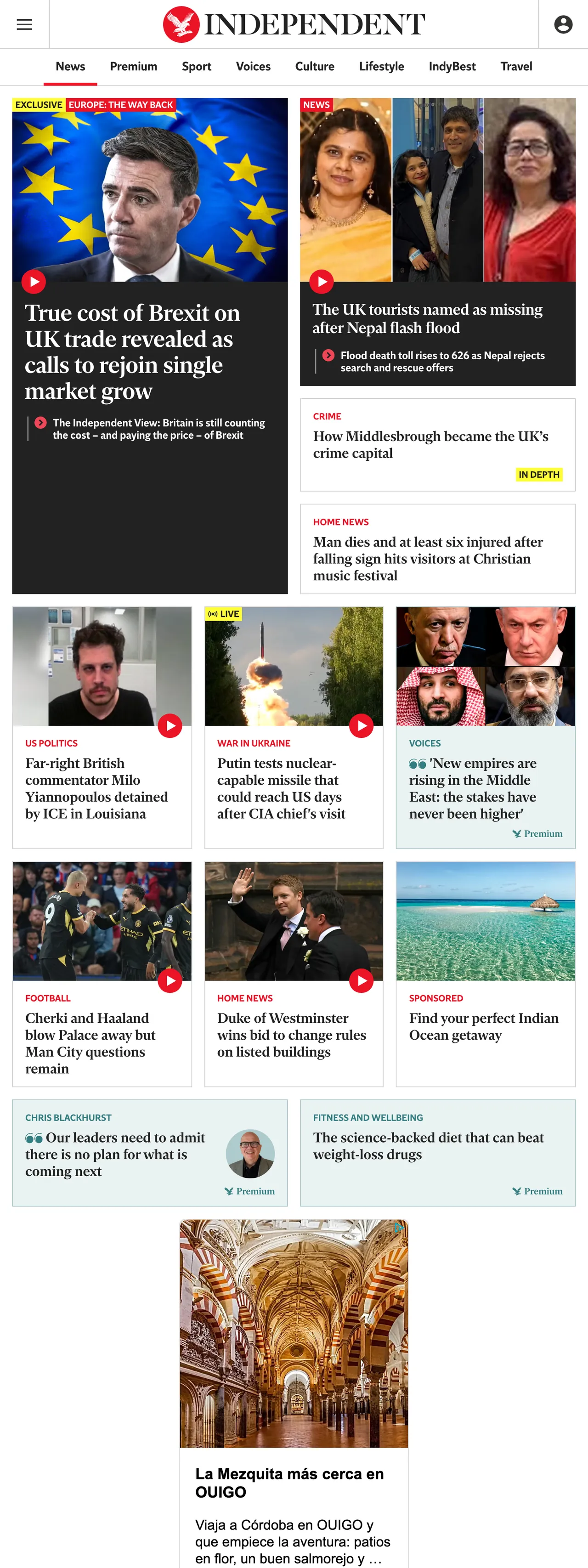 Screenshot of the The Independent front page