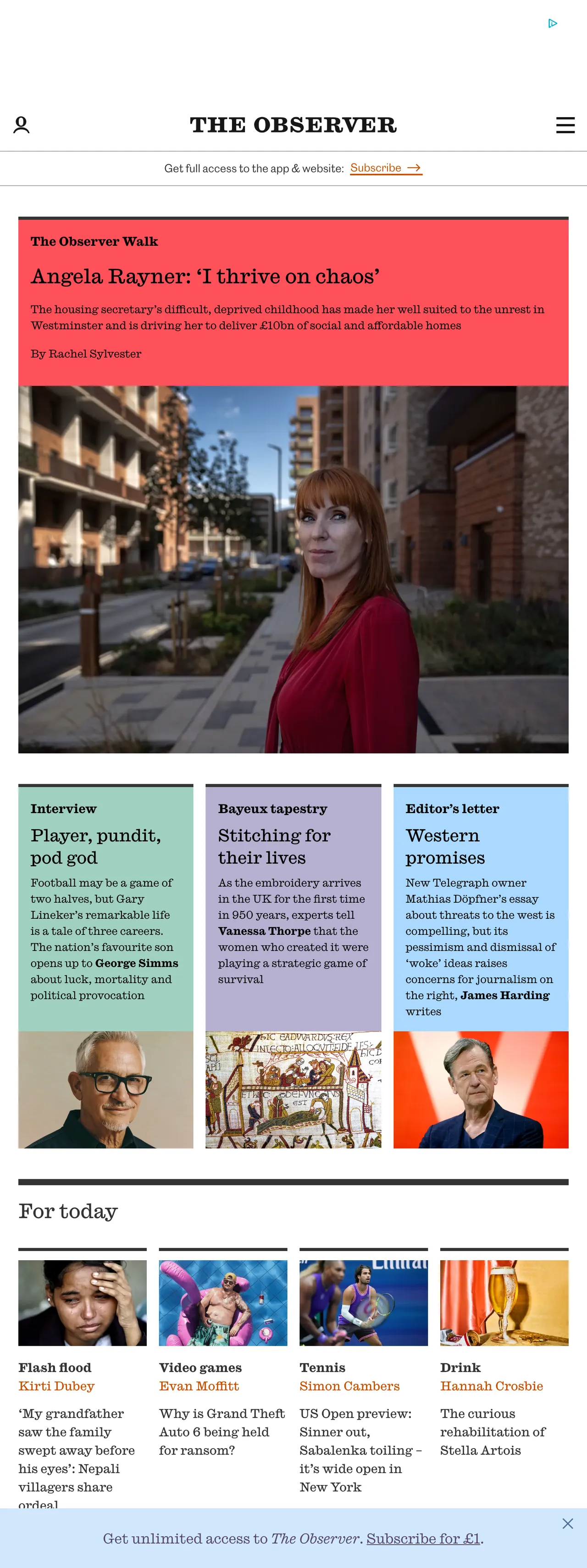 Screenshot of the The Observer front page