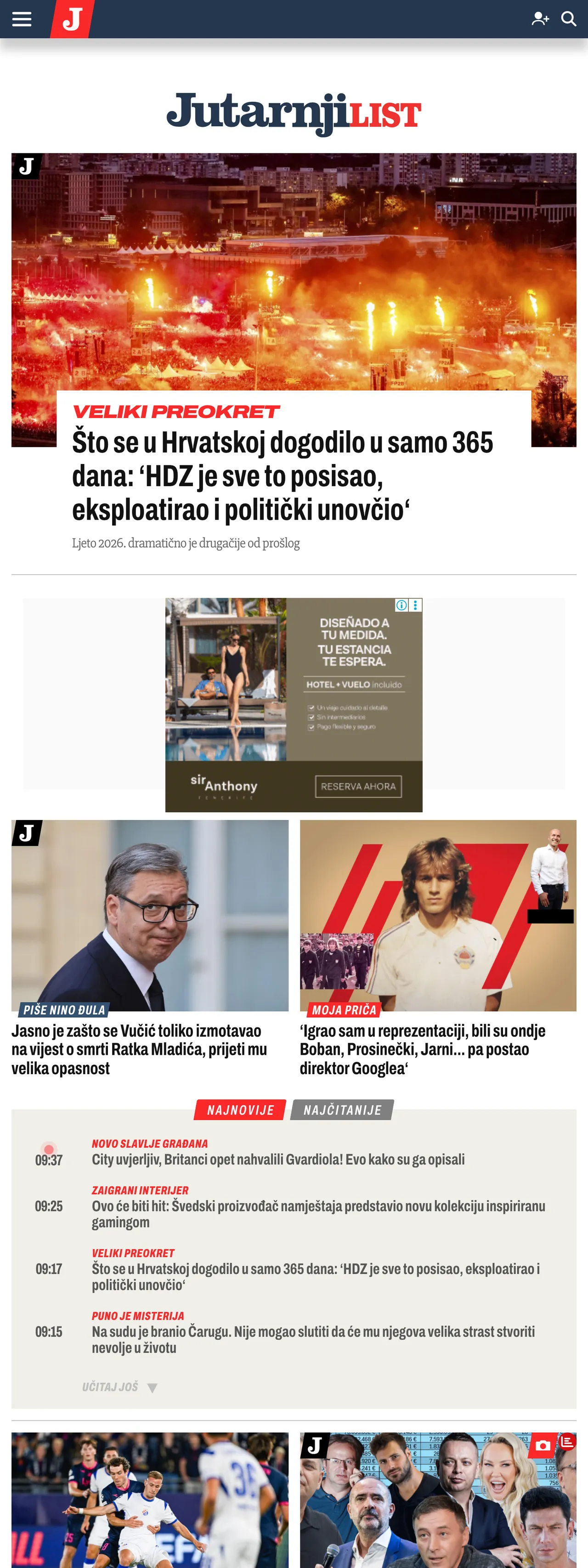 Screenshot of the Jutarnji list front page