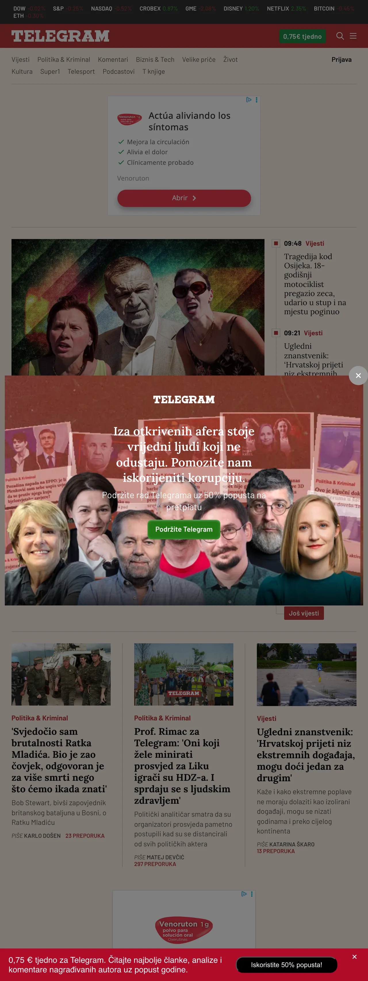 Screenshot of the Telegram.hr front page