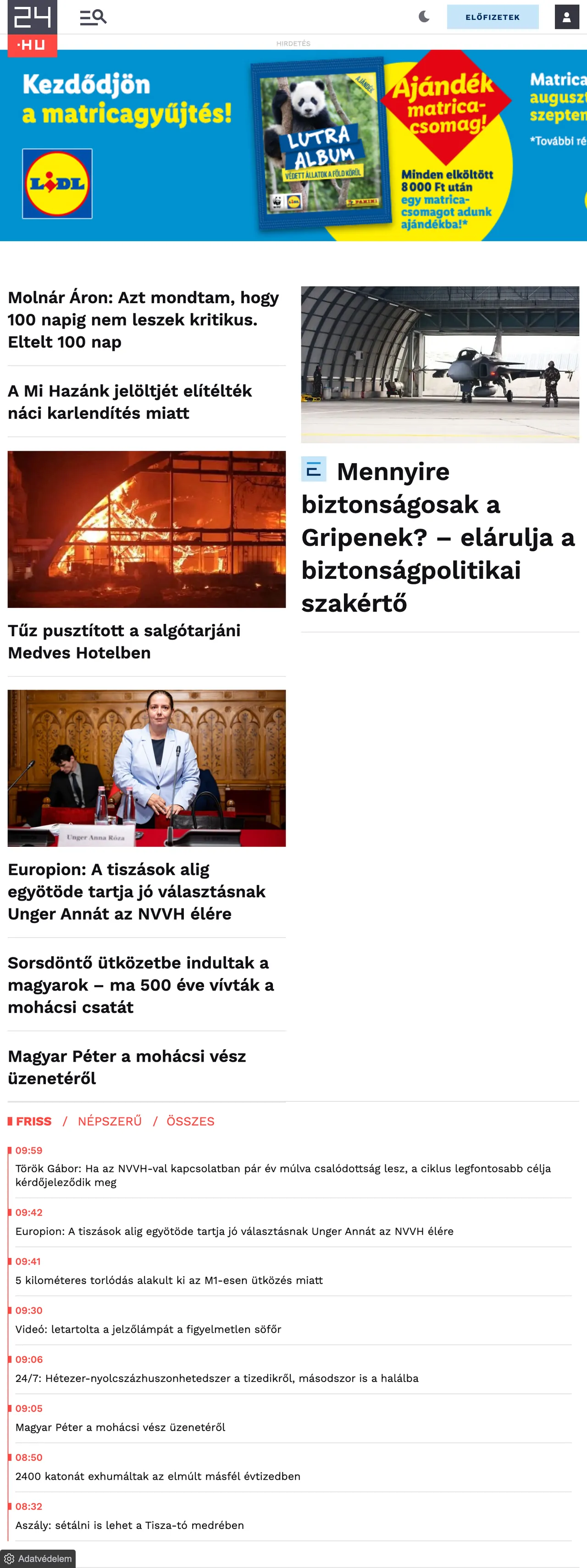 Screenshot of the 24.hu front page