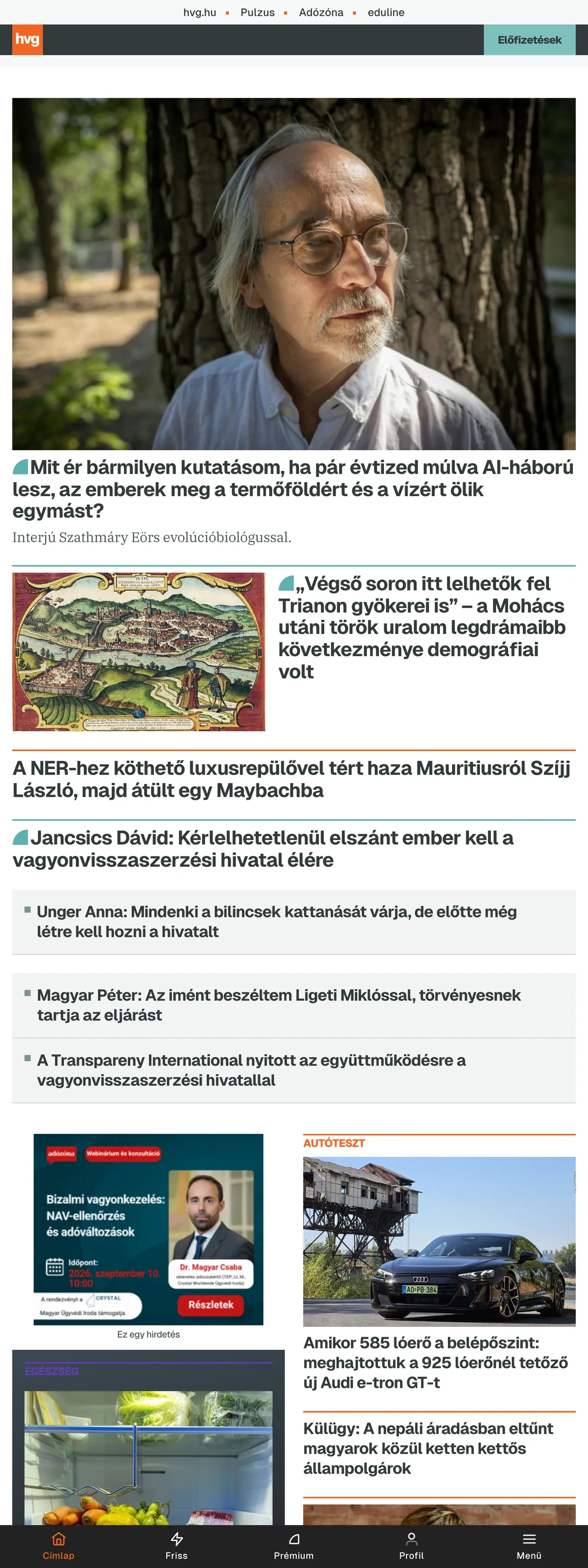 Screenshot of the HVG front page