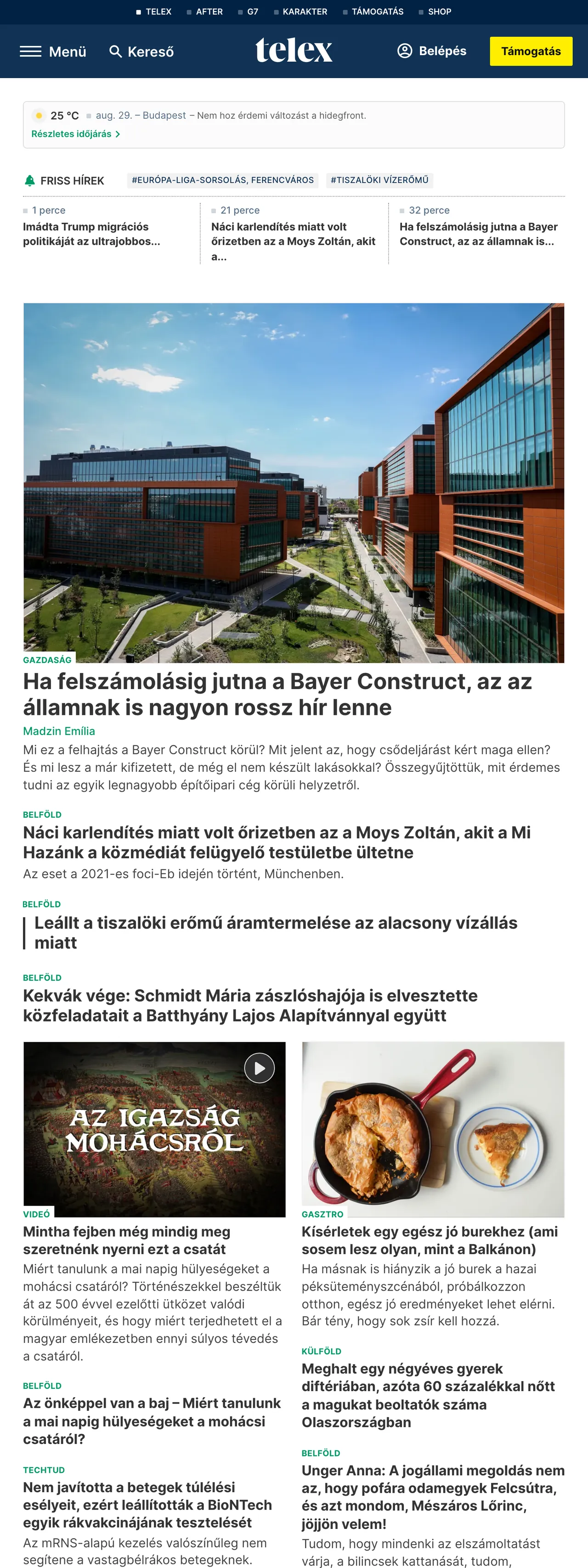 Screenshot of the Telex front page