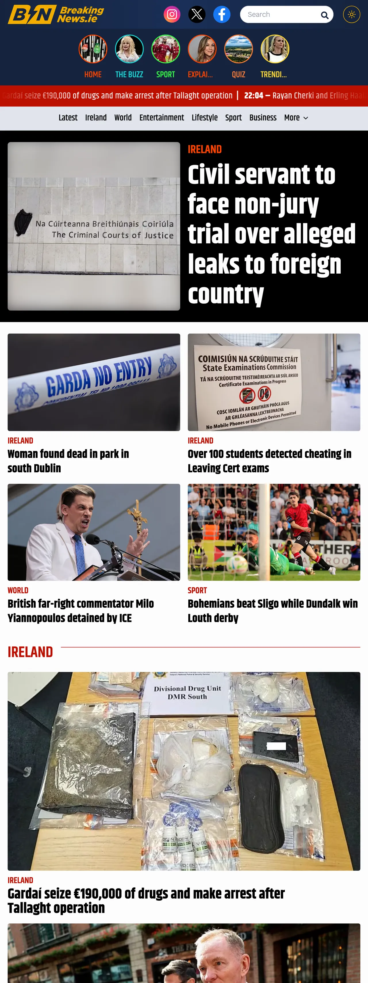Screenshot of the BreakingNews.ie front page