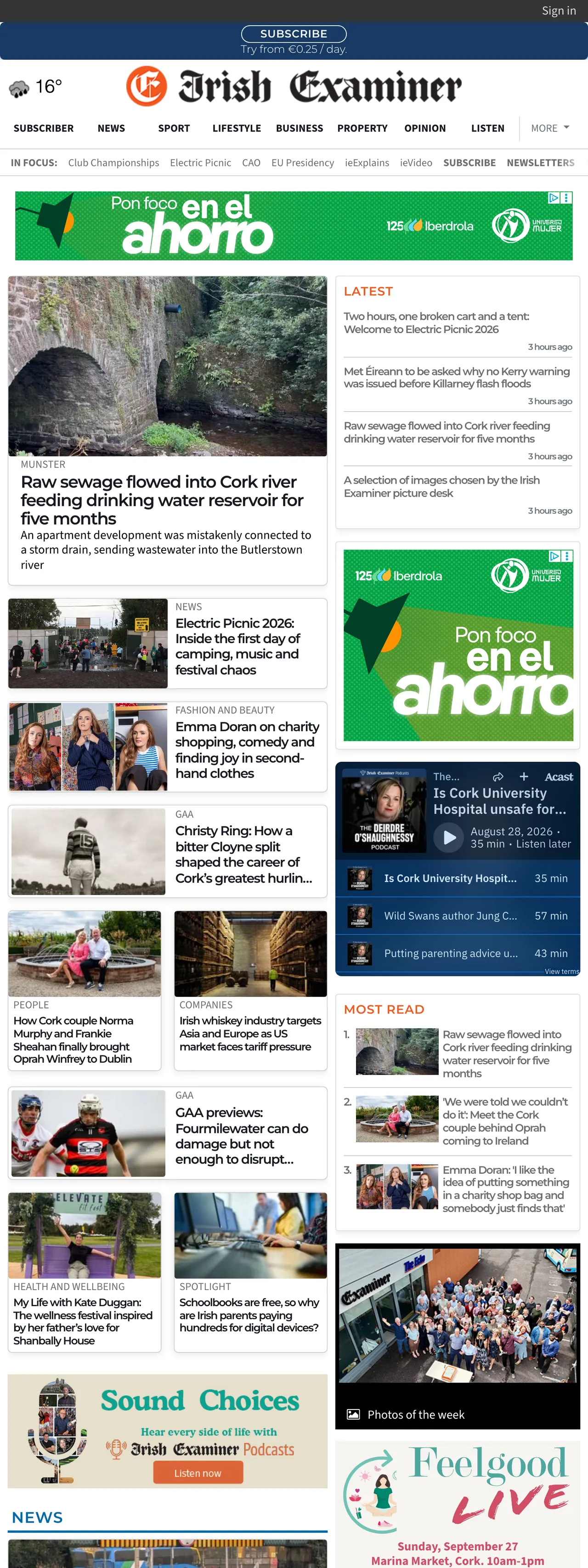 Screenshot of the Irish Examiner front page