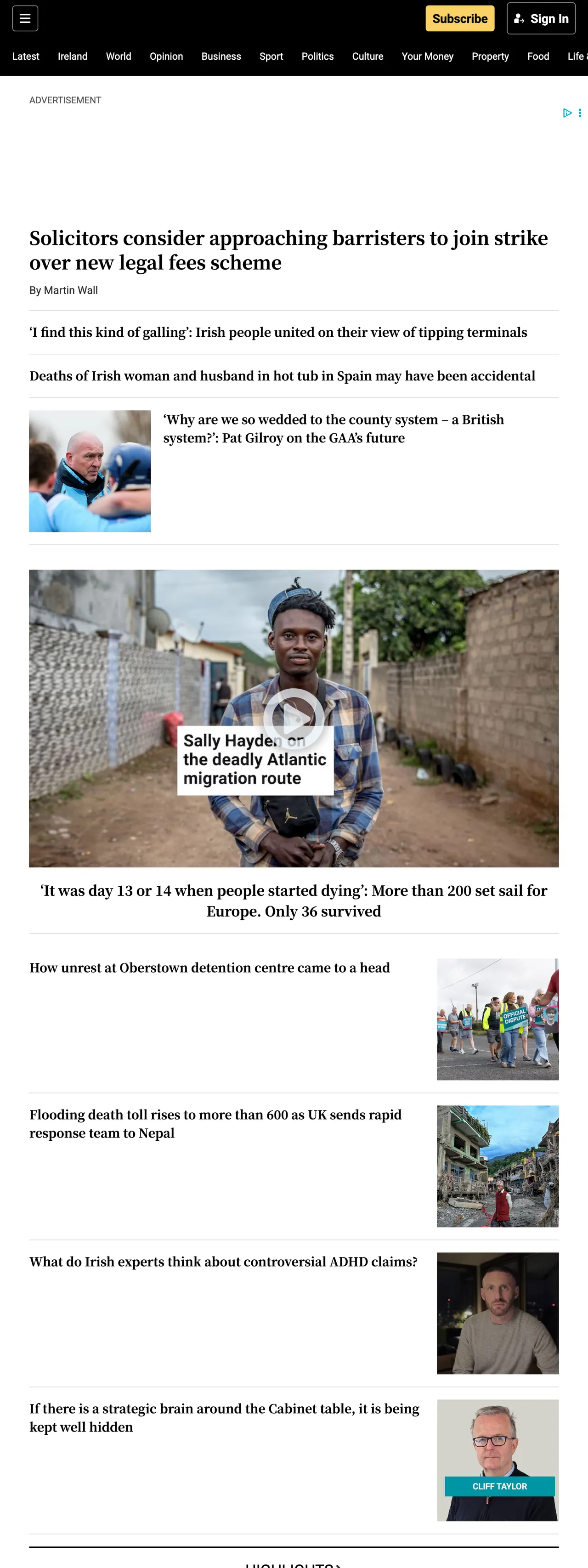 Screenshot of the The Irish Times front page