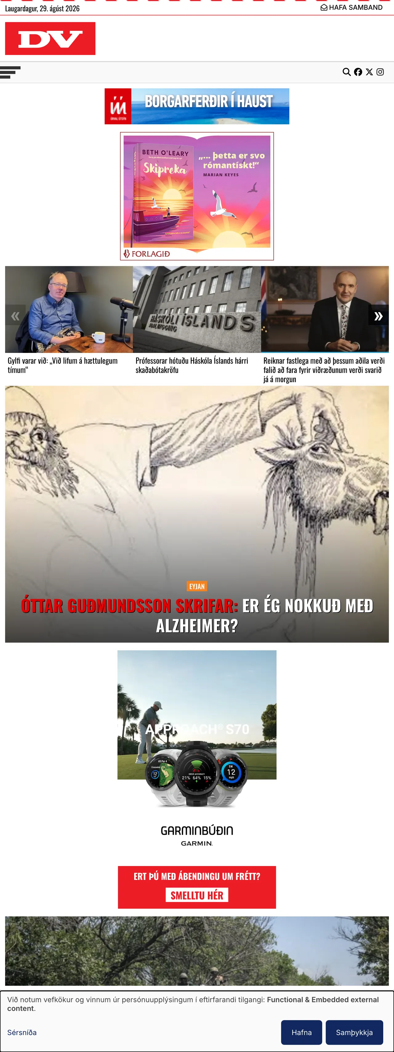 Screenshot of the DV front page