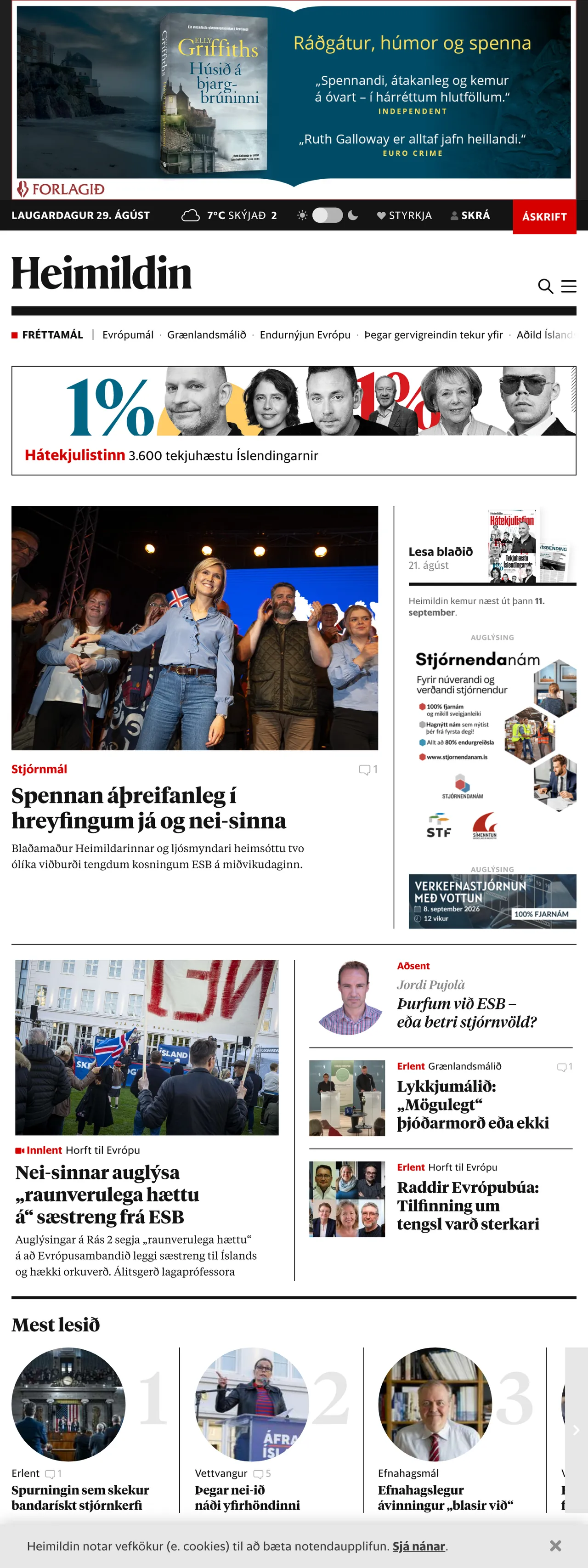 Screenshot of the Heimildin front page