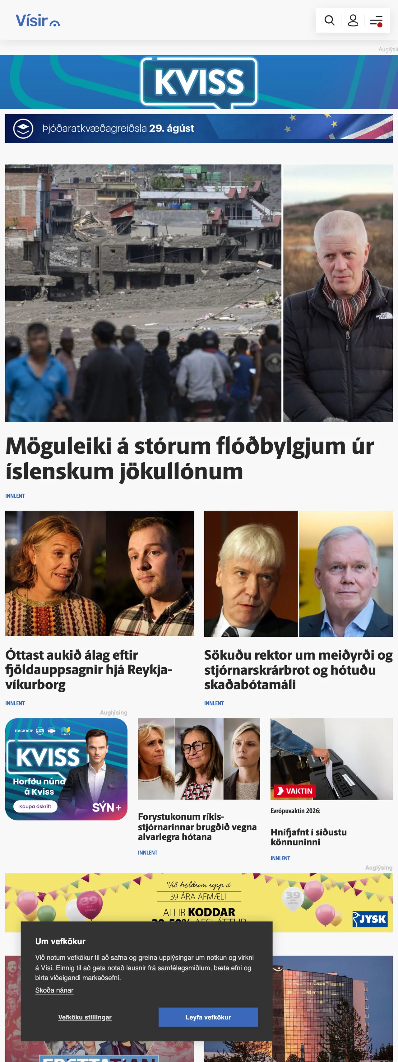 Screenshot of the Vísir front page