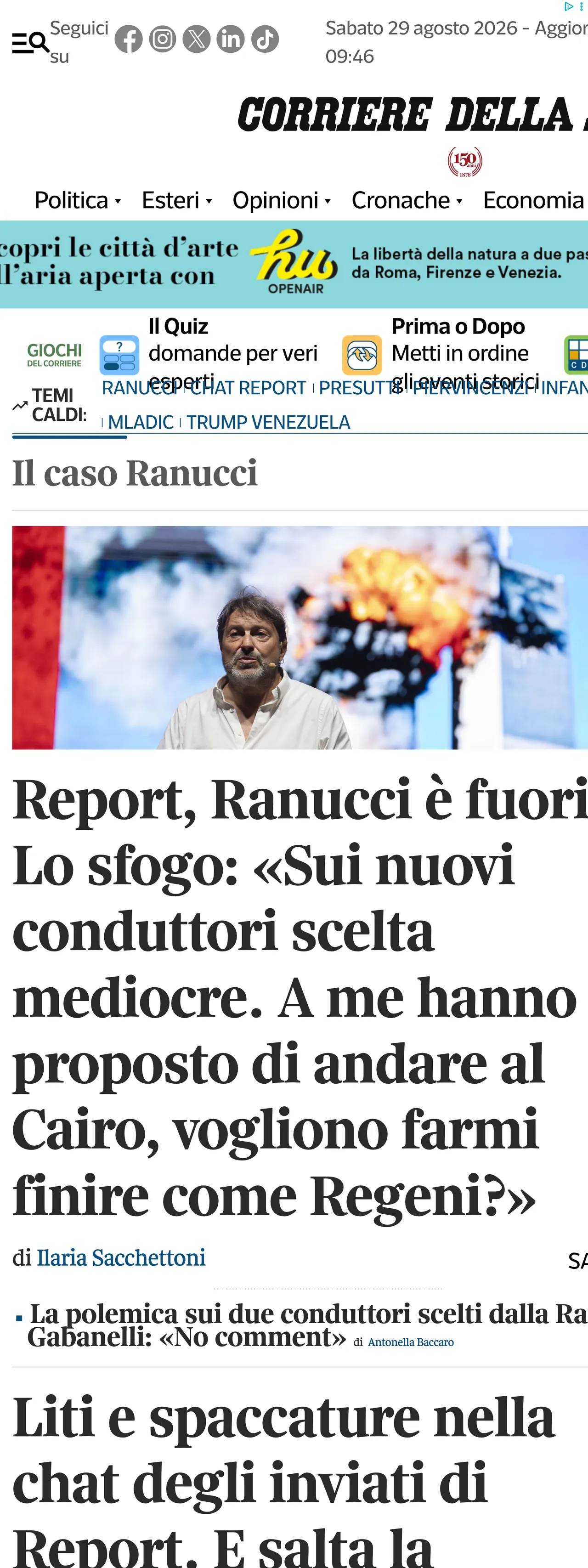 Screenshot of the Corriere della Sera front page