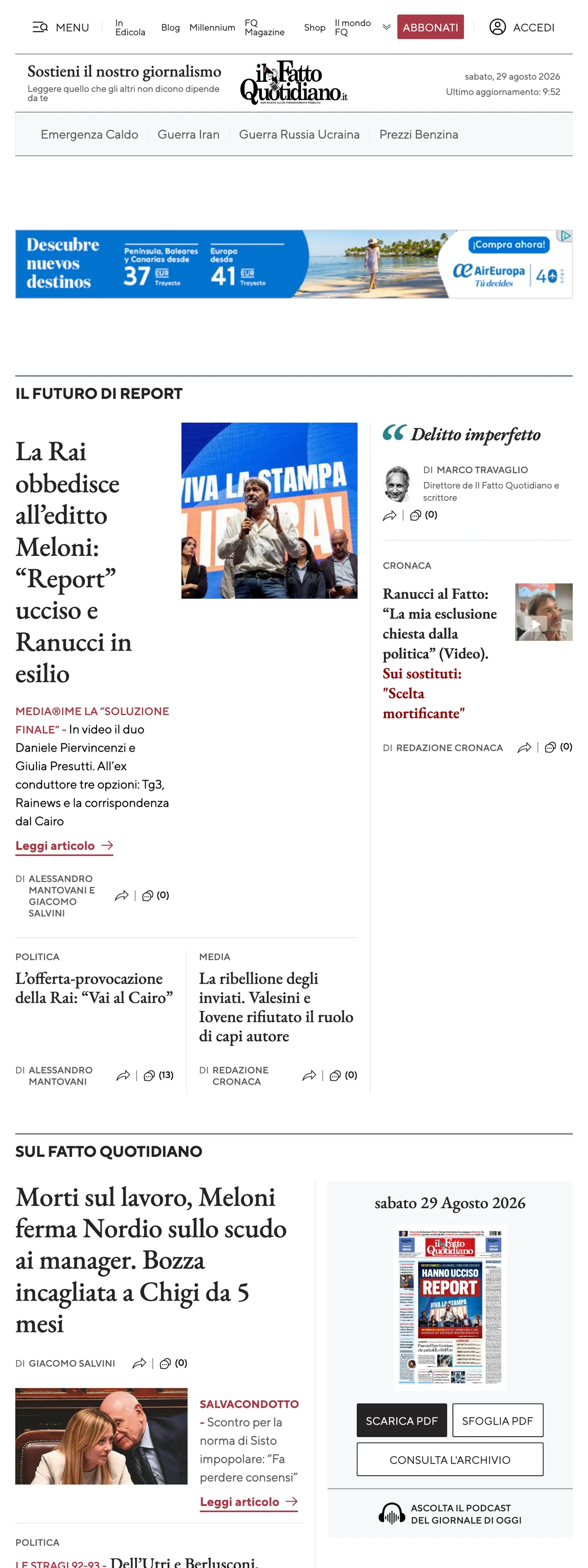 Screenshot of the Il Fatto Quotidiano front page