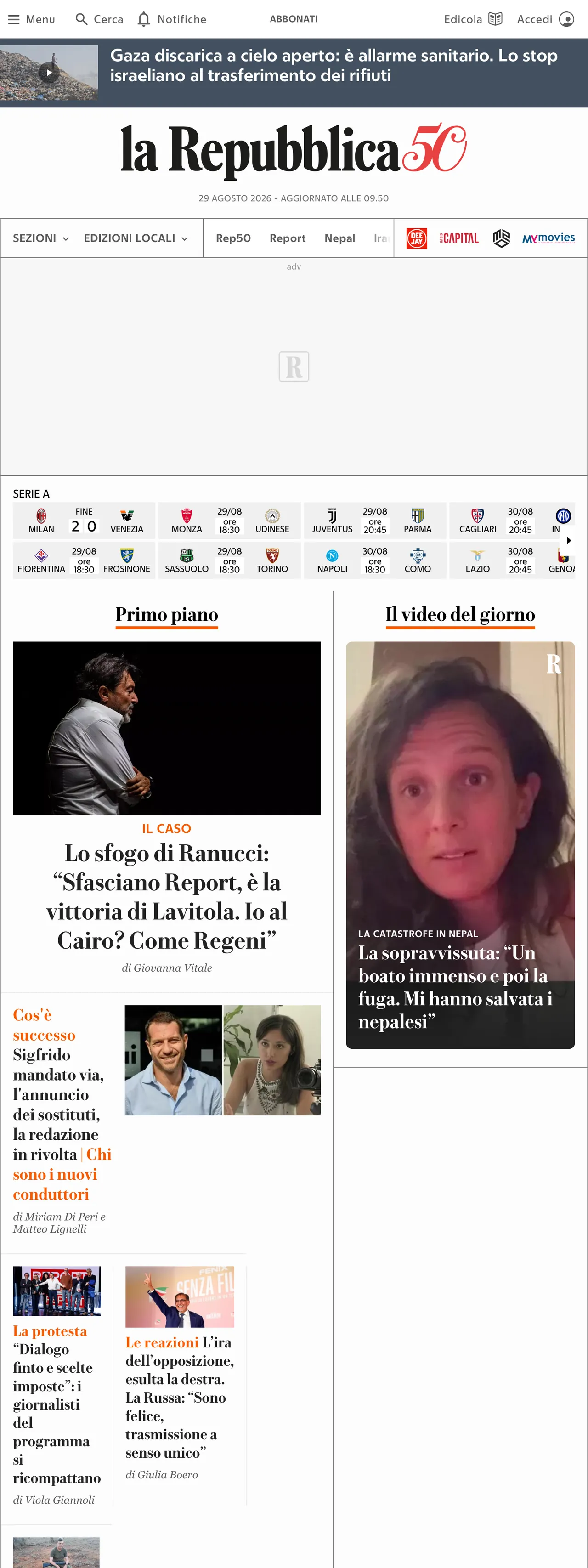 Screenshot of the la Repubblica front page