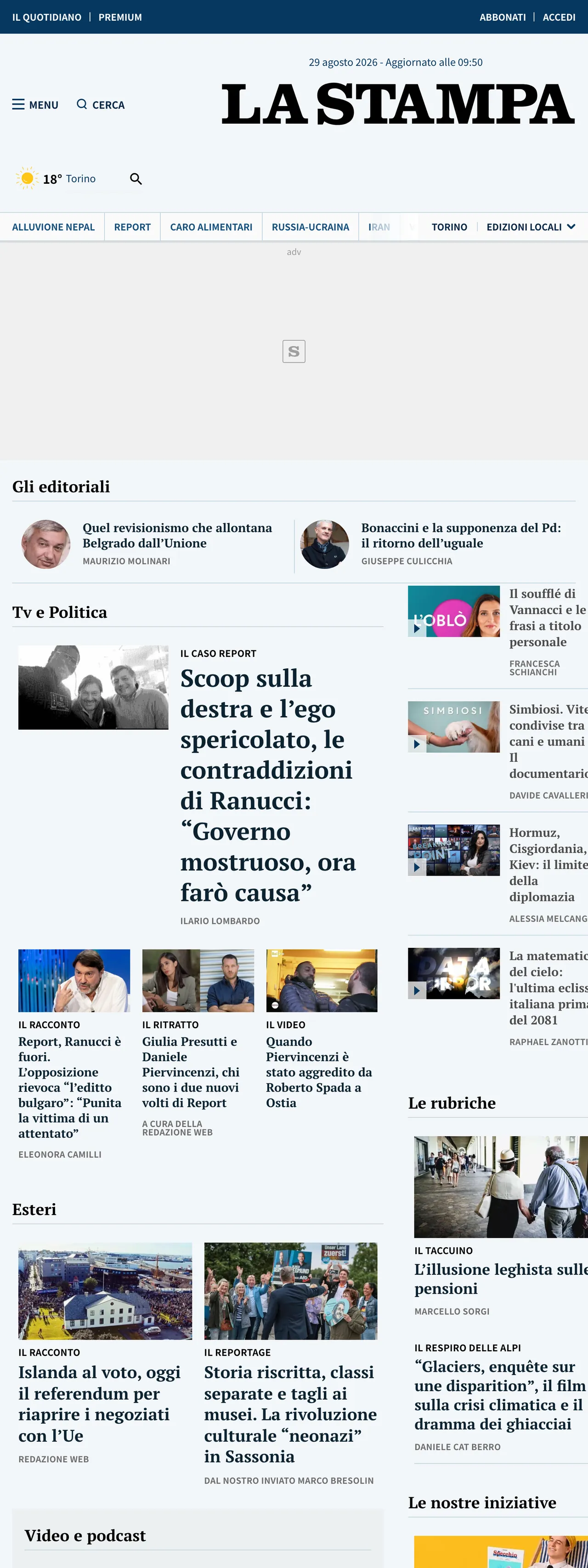 Screenshot of the La Stampa front page
