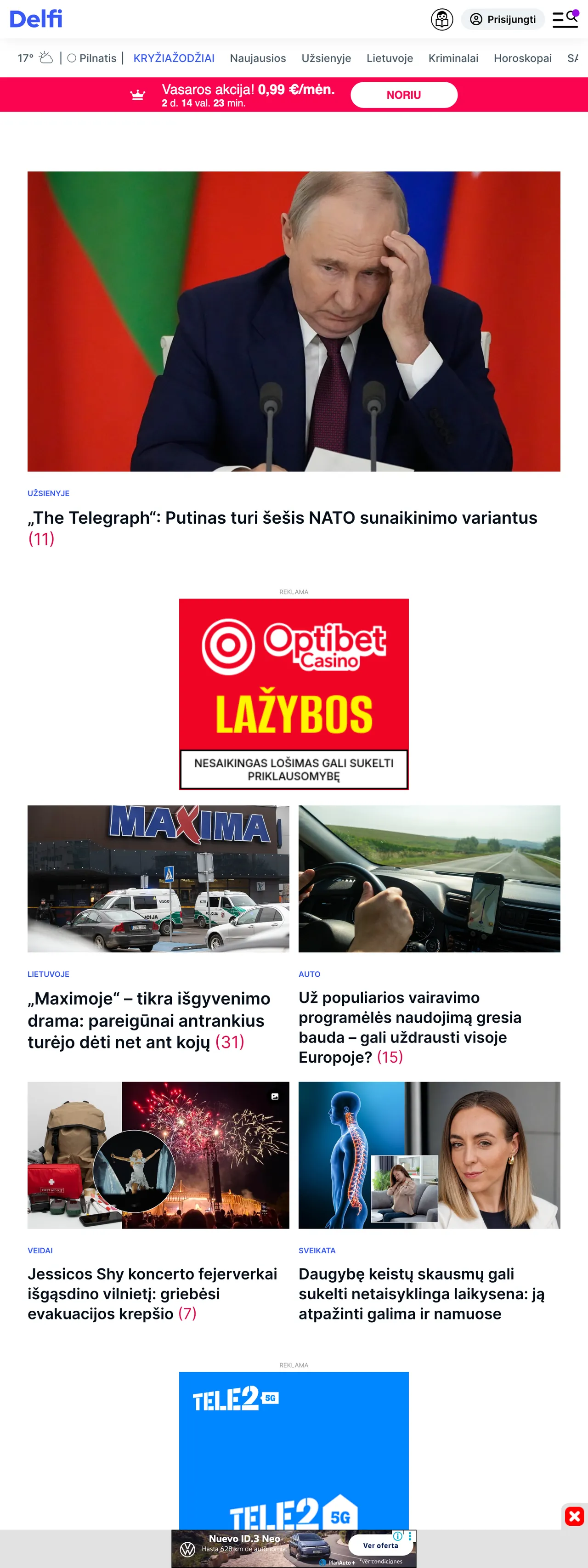 Screenshot of the Delfi front page