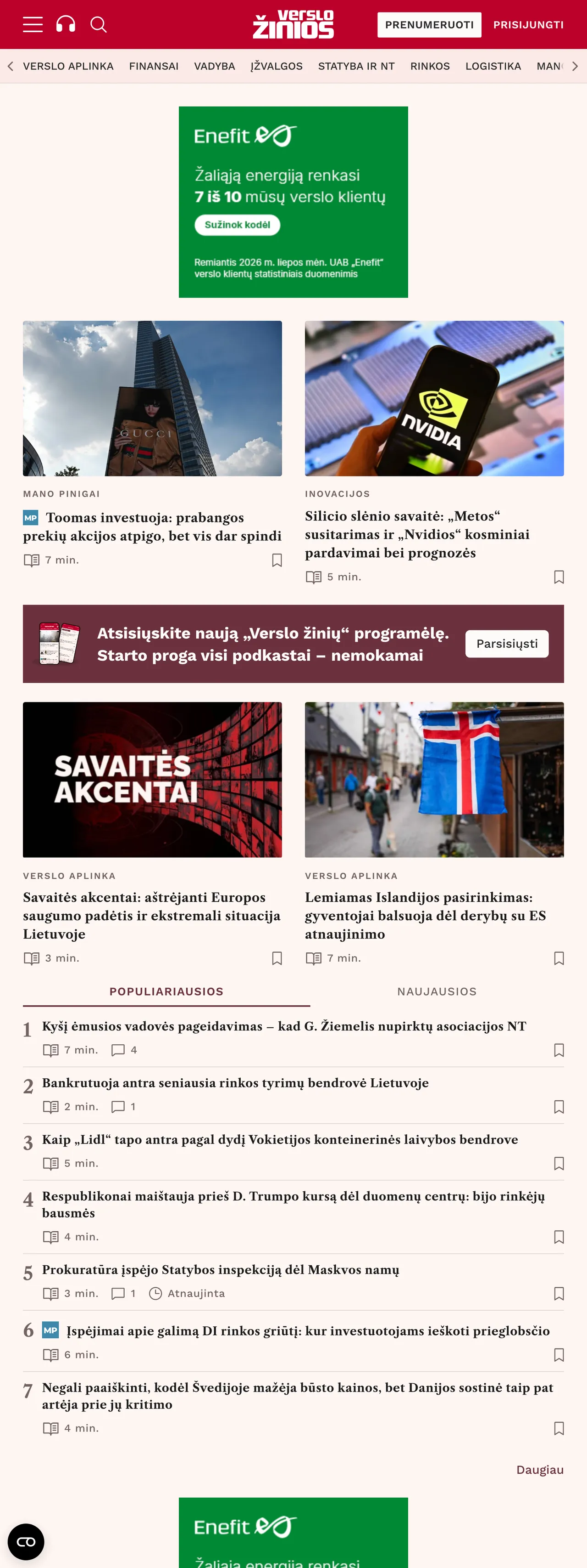 Screenshot of the Verslo žinios front page