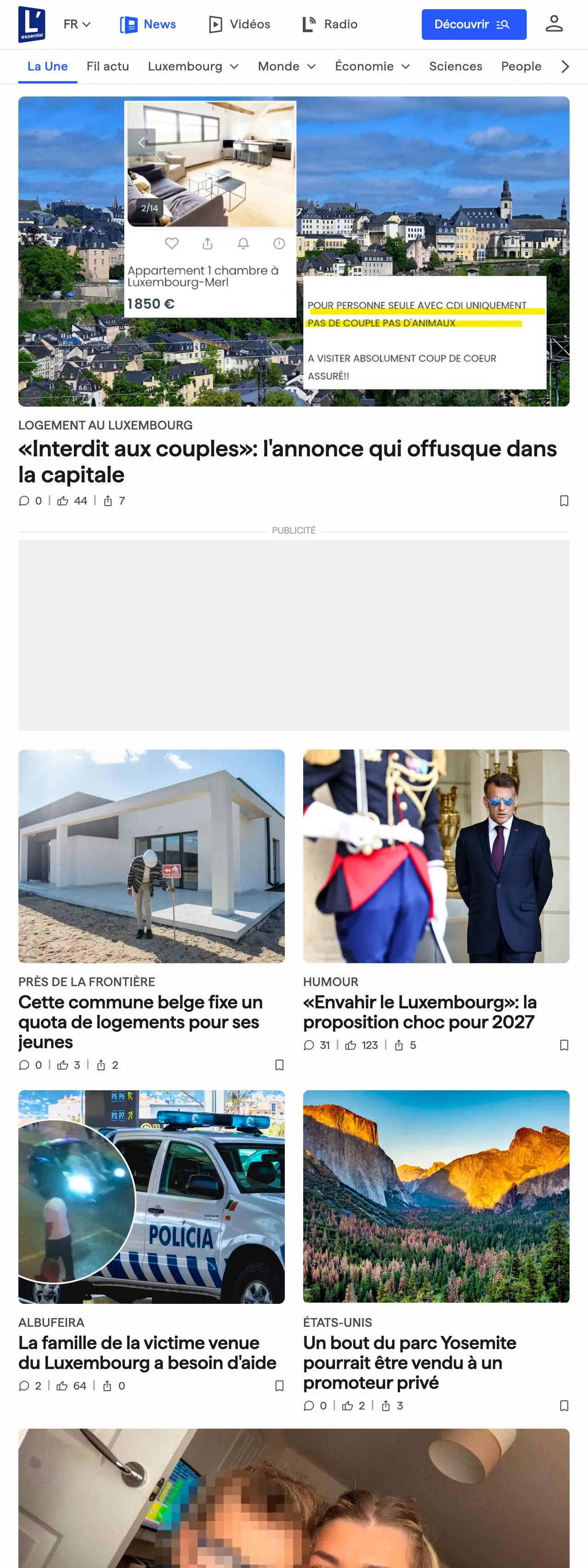 Screenshot of the L'essentiel front page